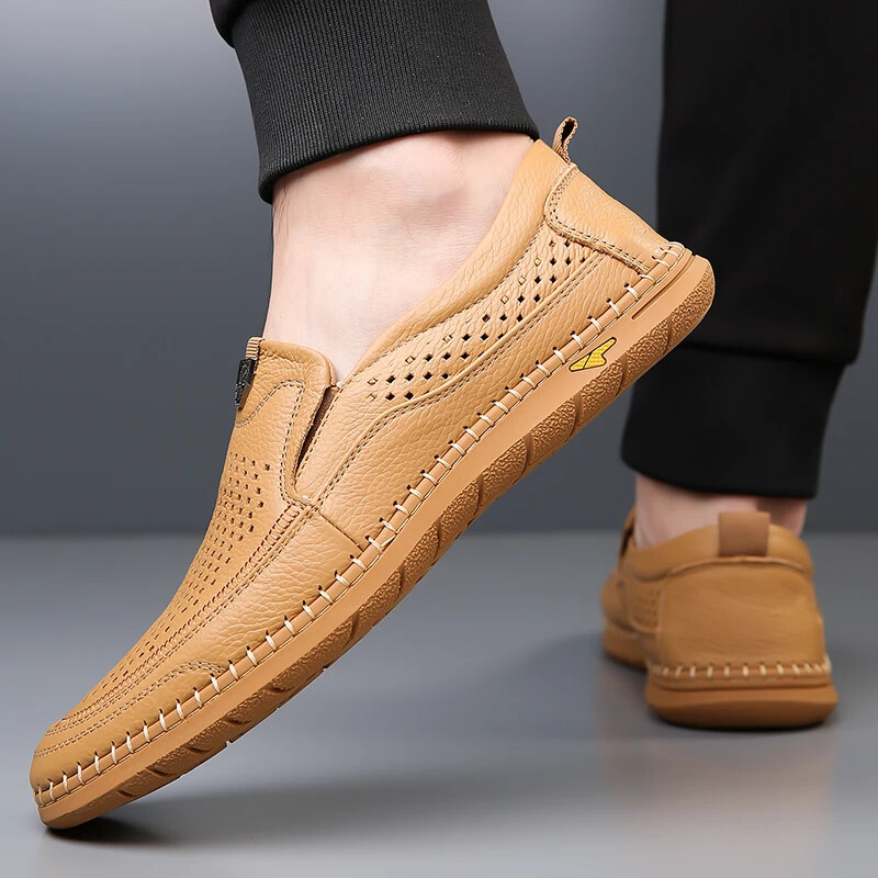 Men’s Casual Breathable Loafer Genuine Leather Moccasin Hollow Out Driving Shoes