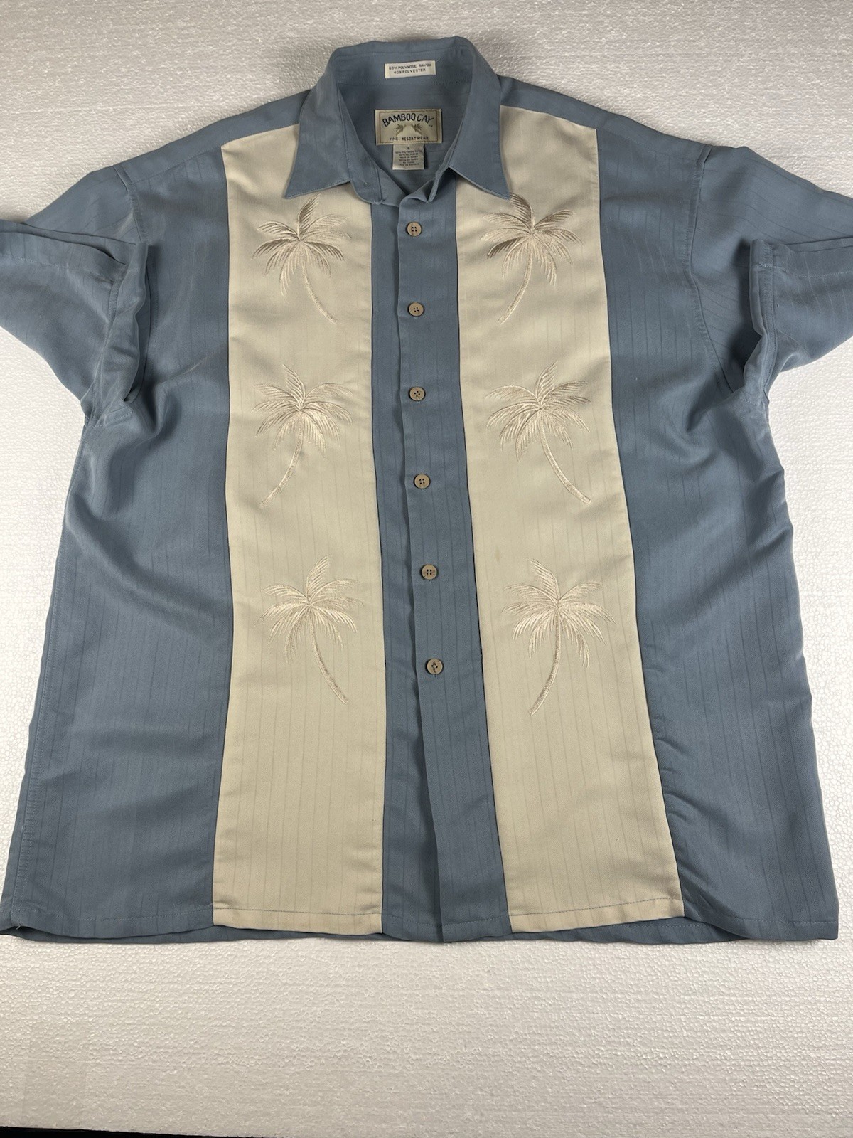 Bamboo Cay Men’s Shirtt With Palm Trees Embroidered – Blue/Cream. Large