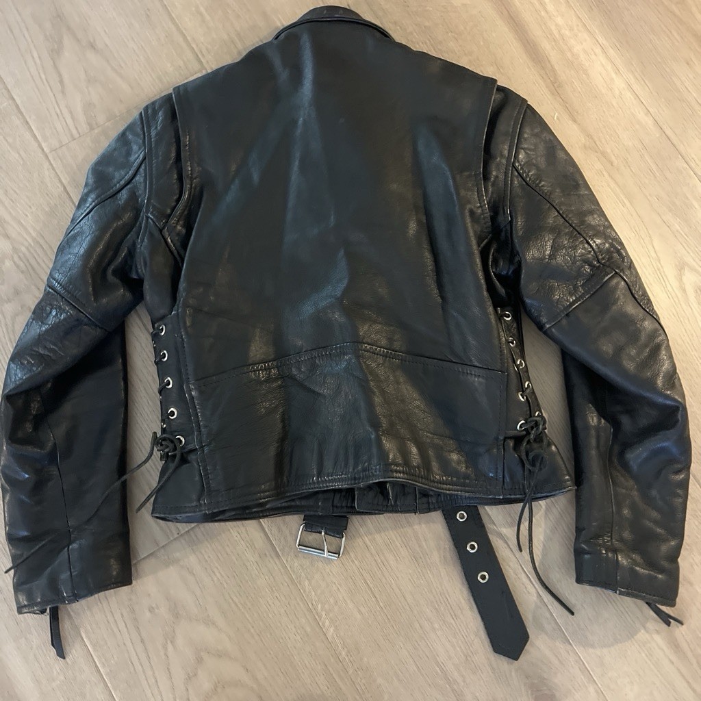 Rajco Genuine Leather Black Biker Jacket Cropped Zipper Belt Buckle Studded S