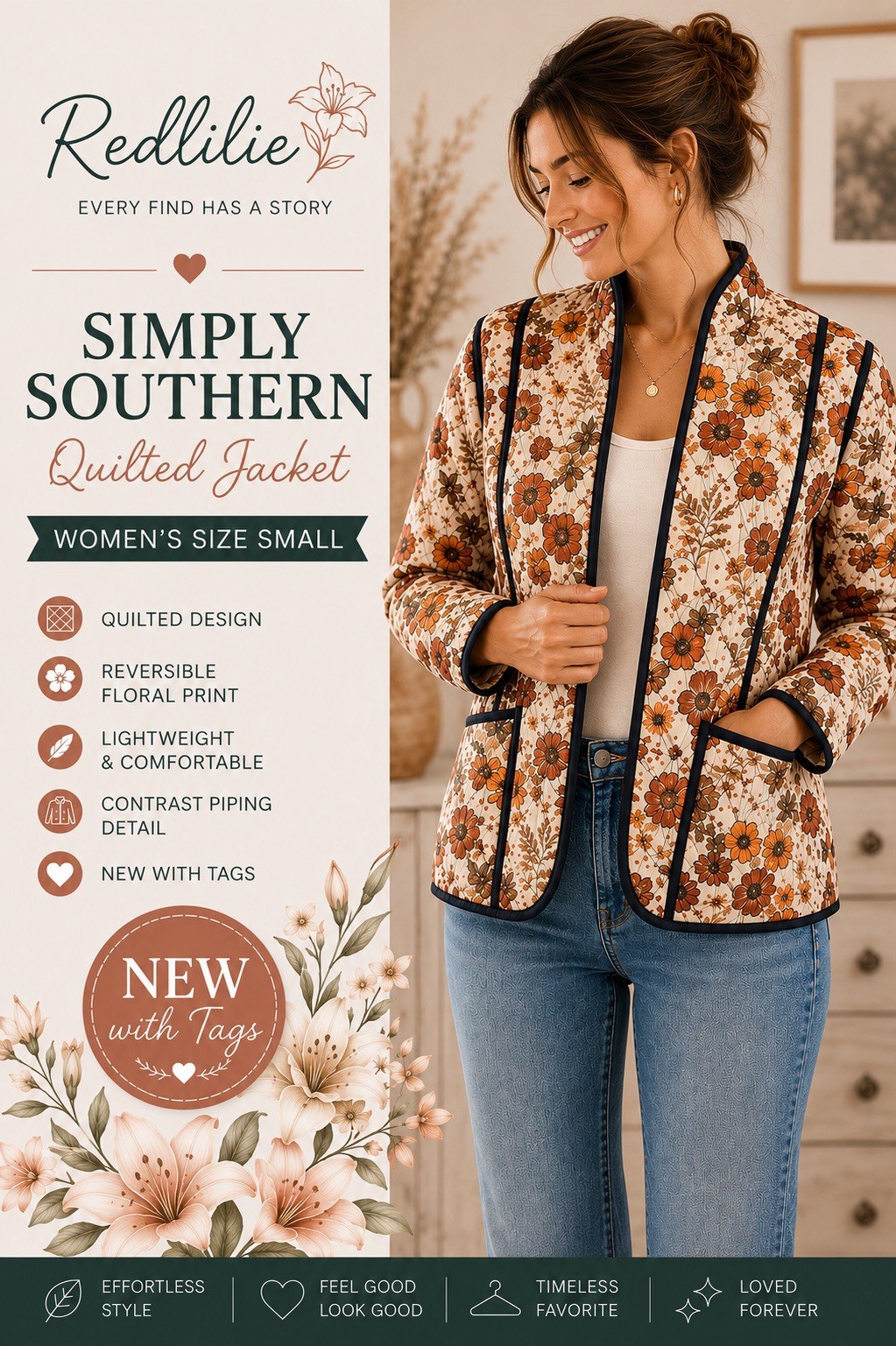 NWT Simply Southern Women’s Size S Reversible Quilted Jacket Black/Orange Floral