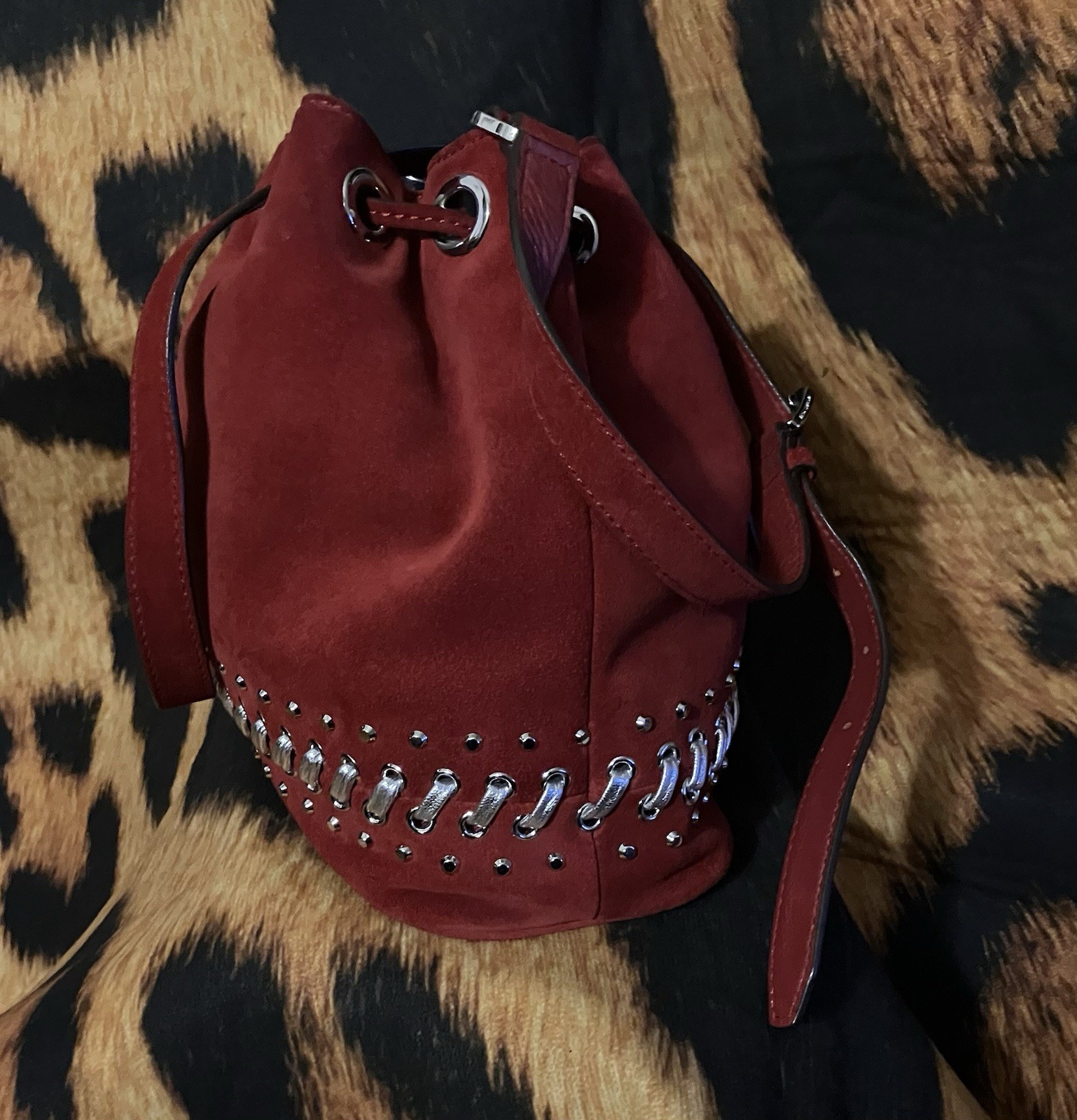 MICHAEL KORS RED HIPPIE JULES SUEDE CROSSBODY SILVER LACES, STUDS AND DRAWSTRING