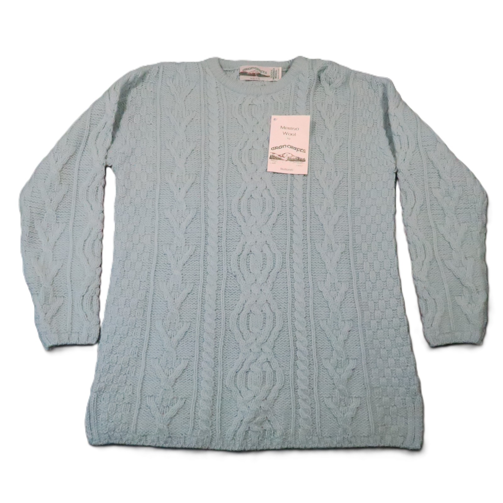 Aran Crafts Irish Sweater Women XL Light Blue Merino Wool Cable Knit Preppy NEW