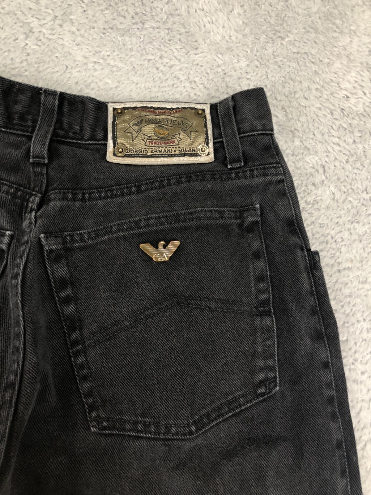 Armani Jeans Men 29×27 (Tag 31) Vintage Eco Stone Tapered Black Distressed *Flaw