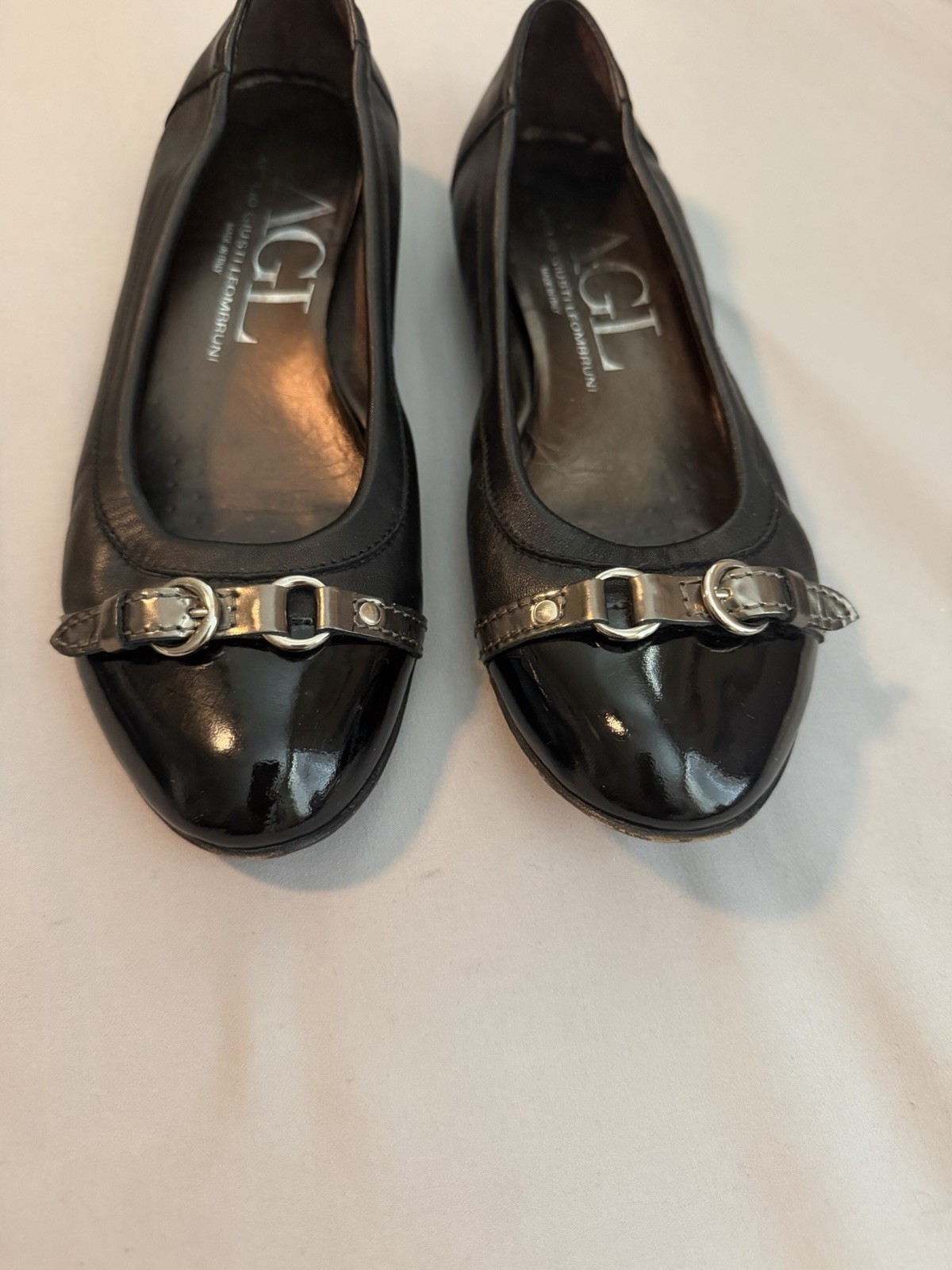 AGL Ballet Flat Black With Black Patent Cap Toe Sz 38.5