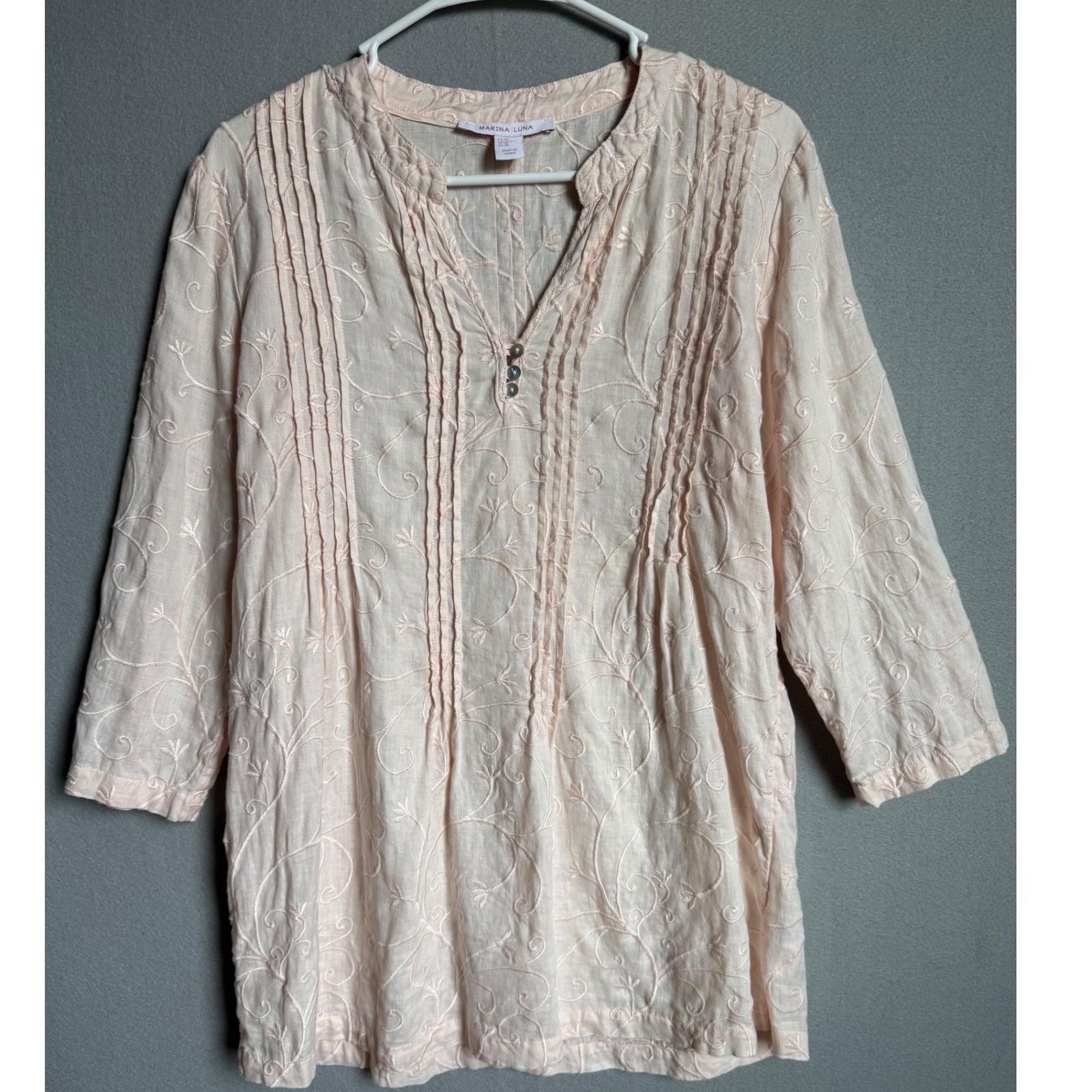 Marina Luna Tunic Women Medium Pink Boho Embroidered Linen Blend Roll Tab Top