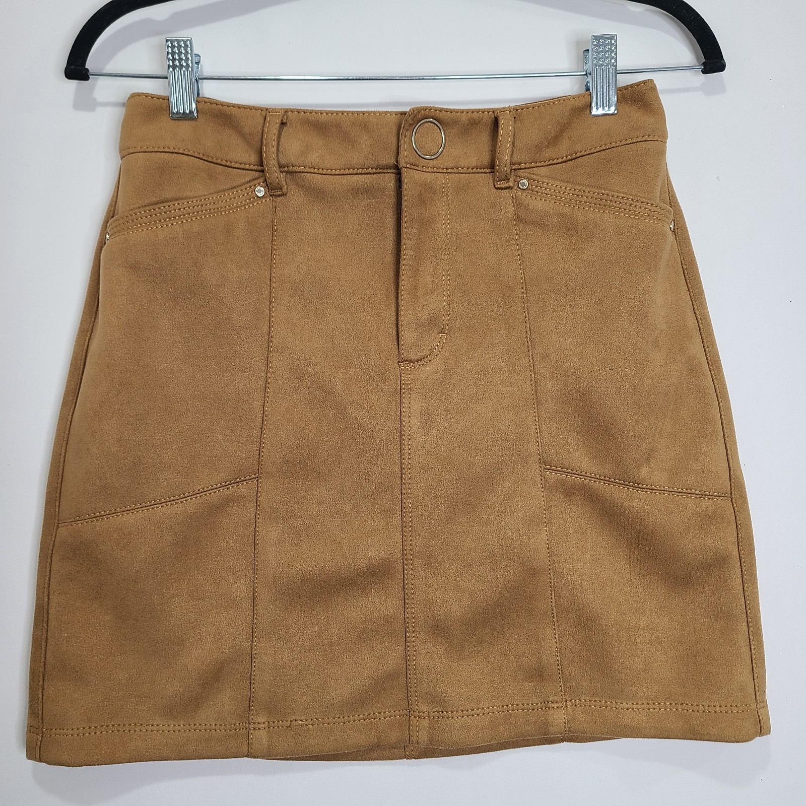 WHBM Brown Faux Suede Stretchy Snap Button Zip Mini Skirt Sz 4