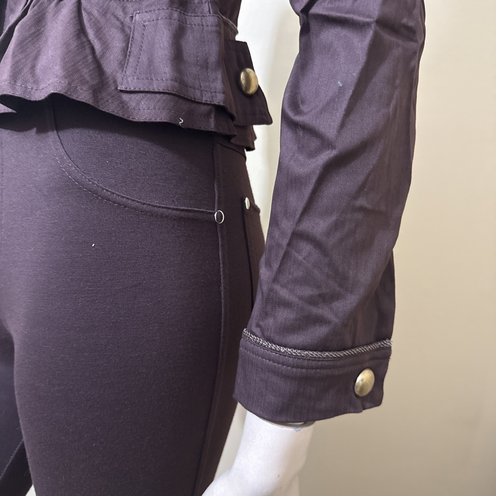 Women’s Brown Cotton Casual Stretch Slim Unlined Metal Button Hook Size S Jacket