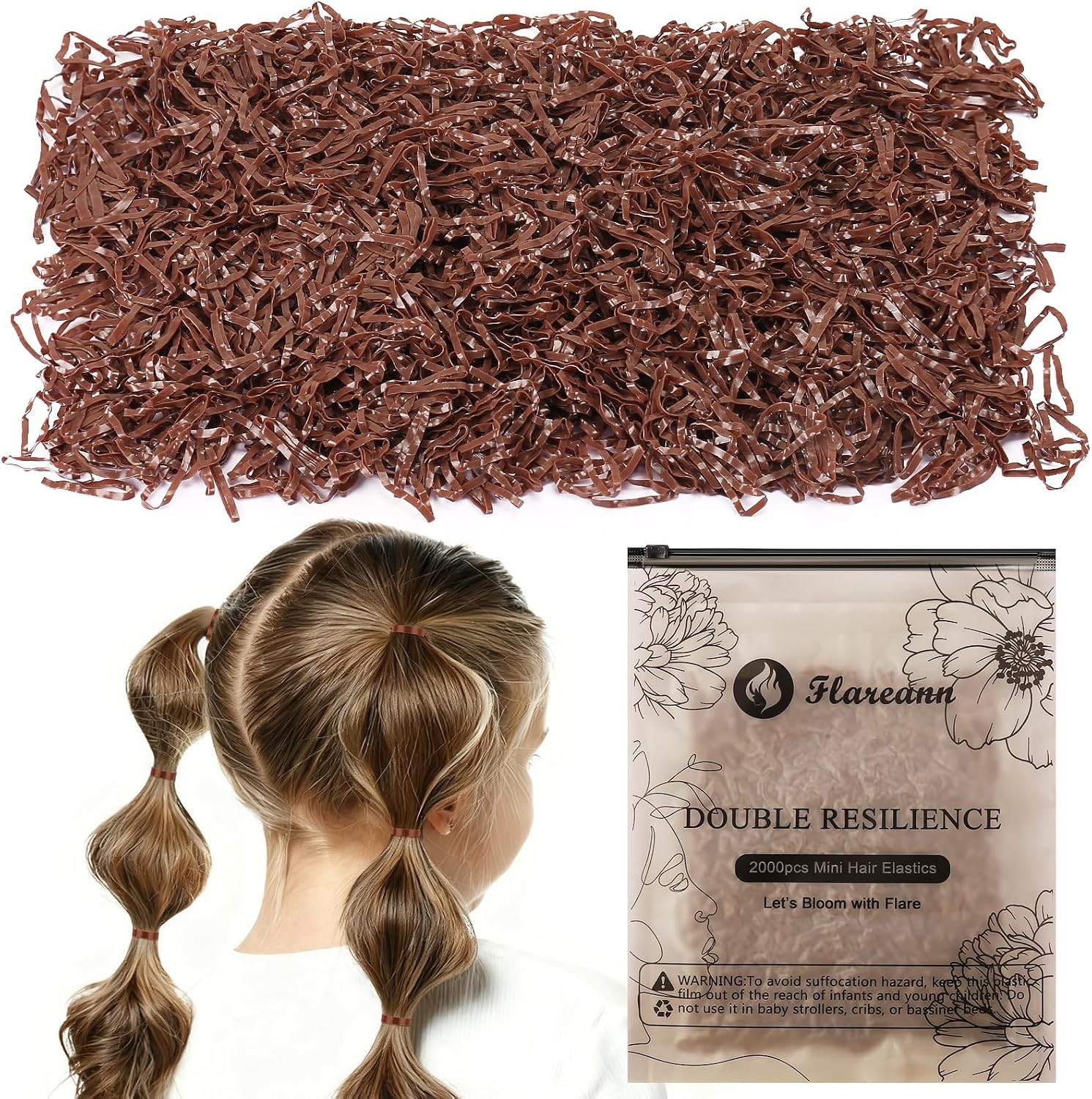 2000pcs Brown Hair Elastics, Hair Ties for Women & Girls | Soft brown rubber