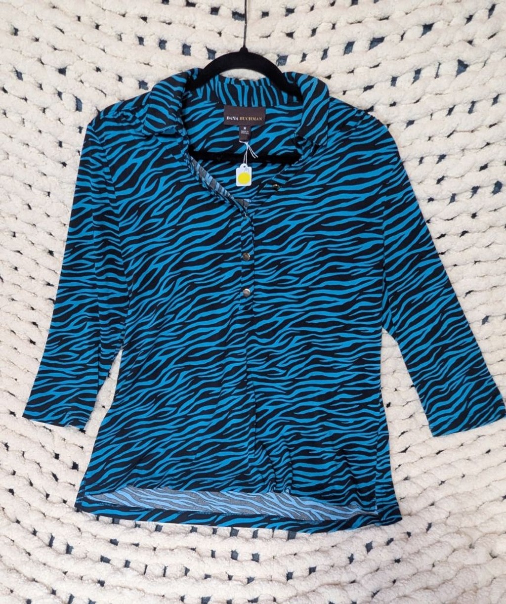 Women’s Dana Buchman Button Down Shirt M Blue Black Zebra Print