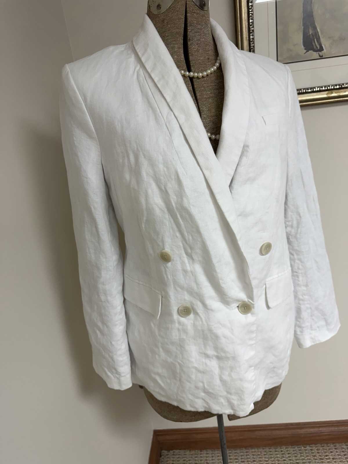 Banana Republic Blazer Size 8 Double Breasted White Linen Long Line Jacket BR