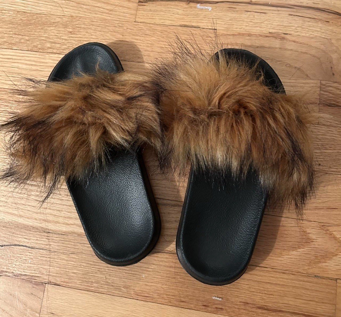 Women’s Fur Trim Comfort Slide Sandals Black Brown Synthetic Rubber Casual