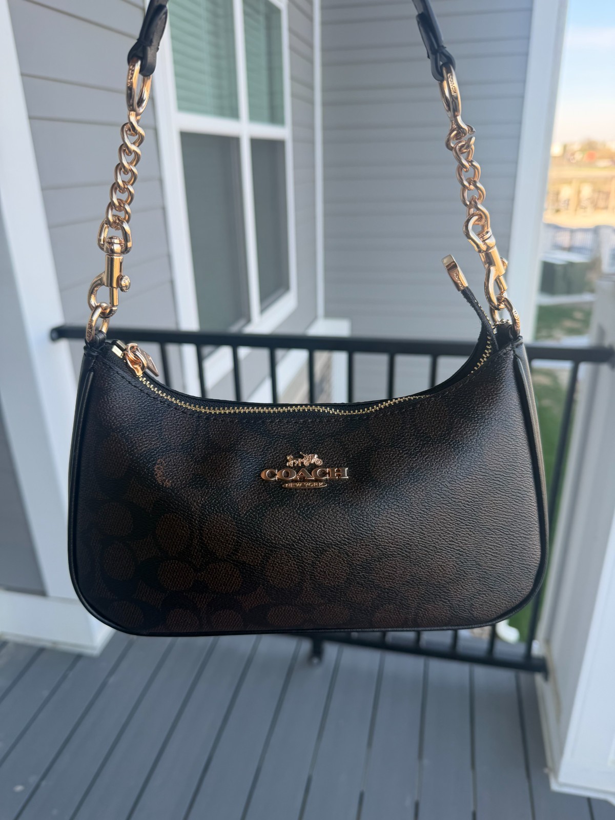 COACH Teri Shoulder Bag In Signature Canvas Walnut Black Brand New