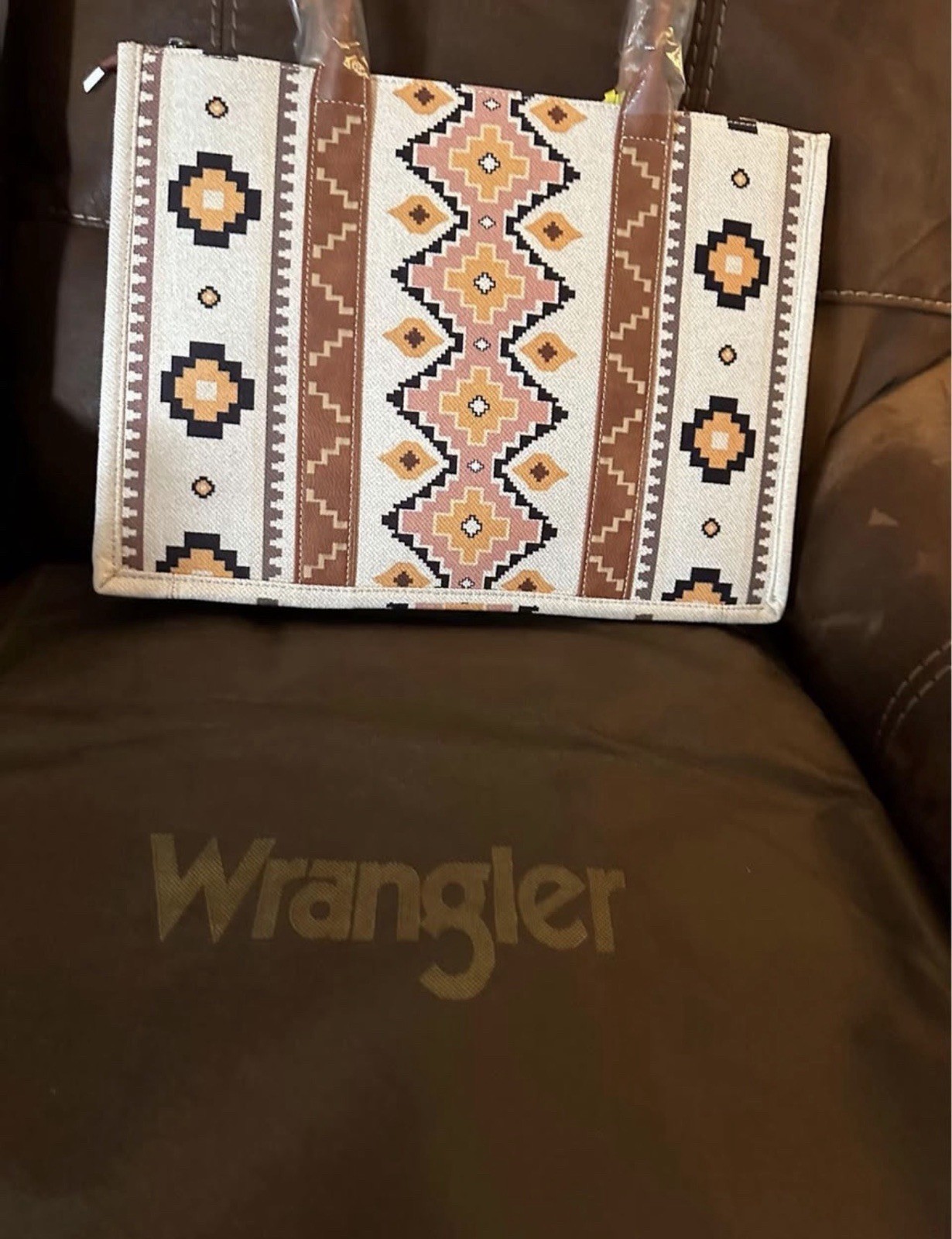 AUTHENTIC WRANGLER LARGE TOTE BAG LAPTOP SHOULDER CARRY BEIGE BROWN PRINT-NWT