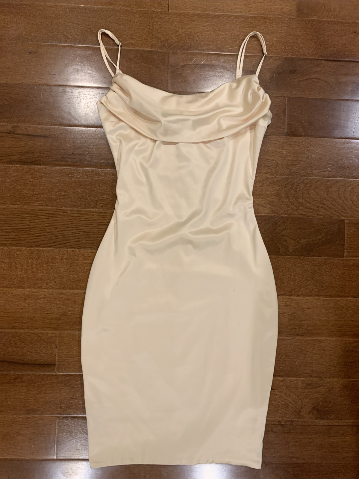 Oh Polly Champagne Stretch Satin Mini Slip Dress Straps Cowl Drape Zip US 4 UK 8