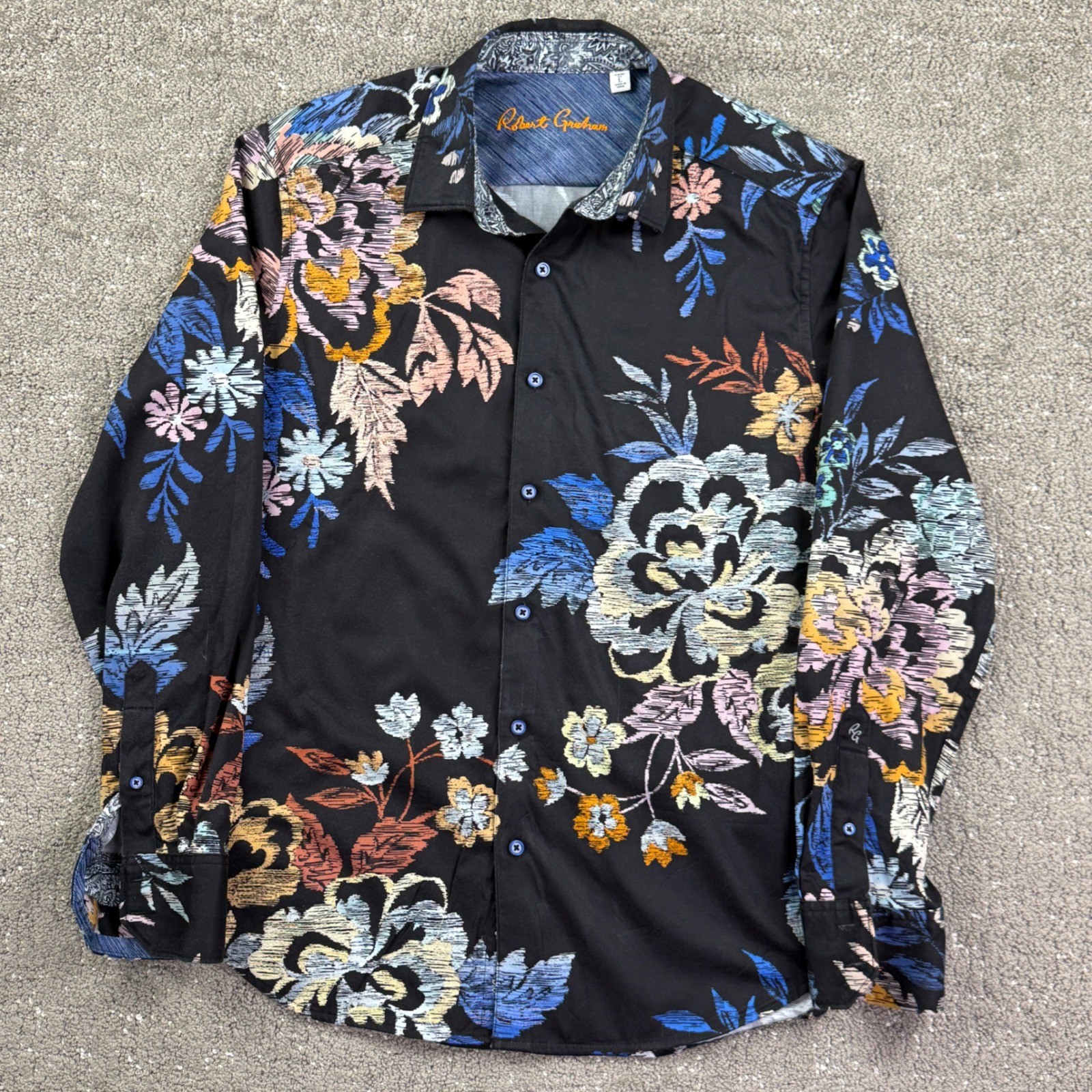 Robert Graham Pluto Floral Button Up Shirt Mens L Classic Fit Black Cotton