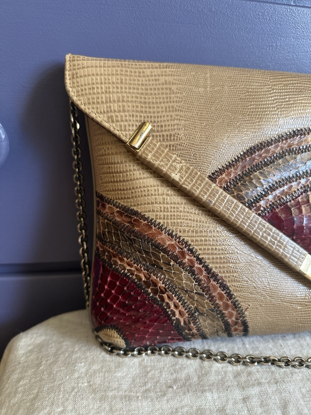 Vintage Original by Capice, snakeskin patchwork purse, chain strap, magnet close