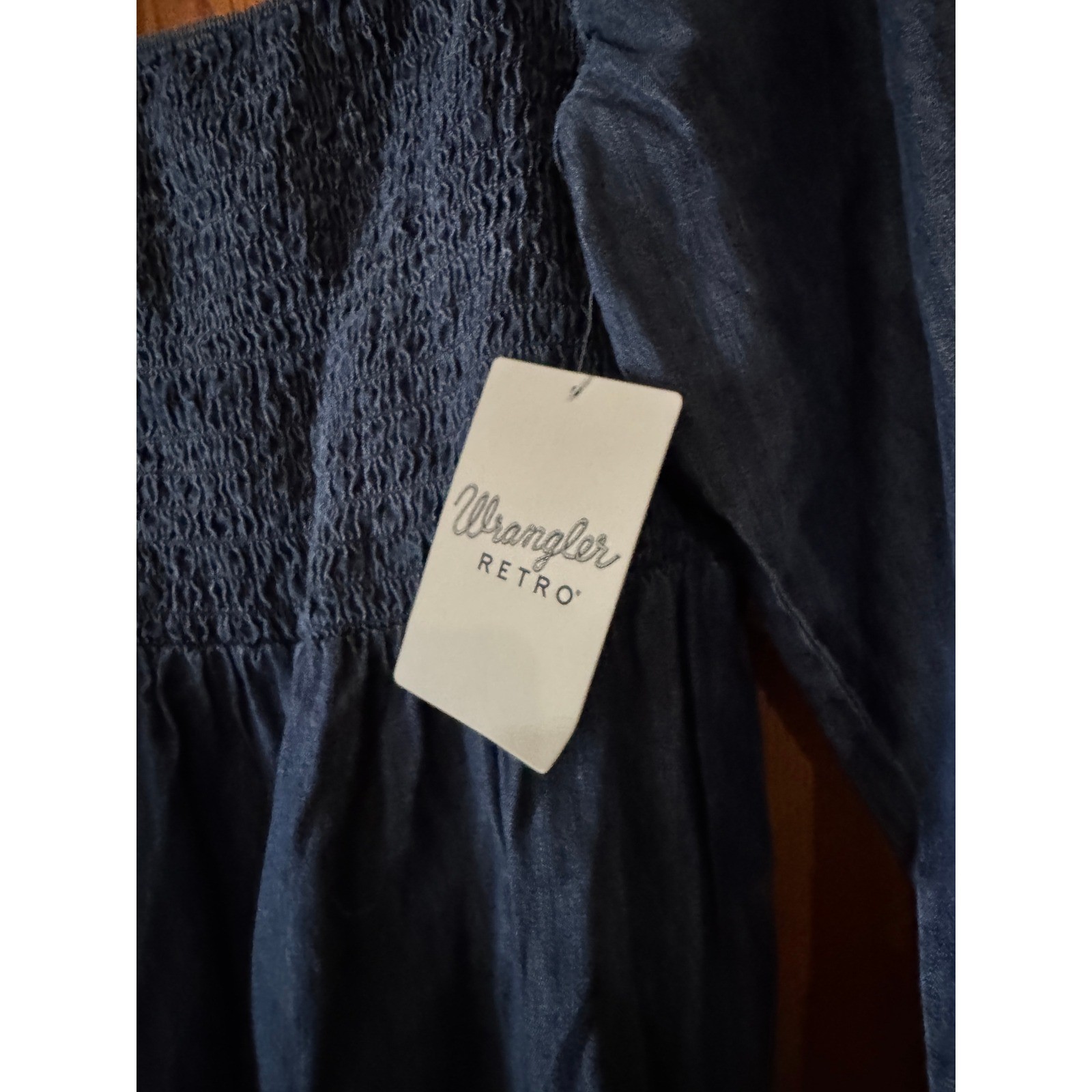 Wrangler Retro Blue Chambray Denim Smocked Puff Sleeve Western Mini Dress L NWT