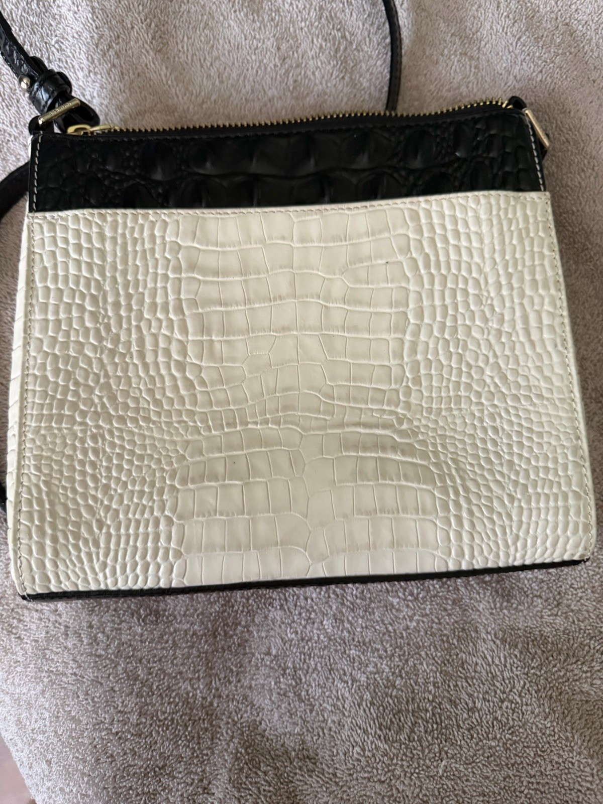 Brahmin Black/Ivory Embossed Animal Print Small Crossbody Zip Turn Lock Gold