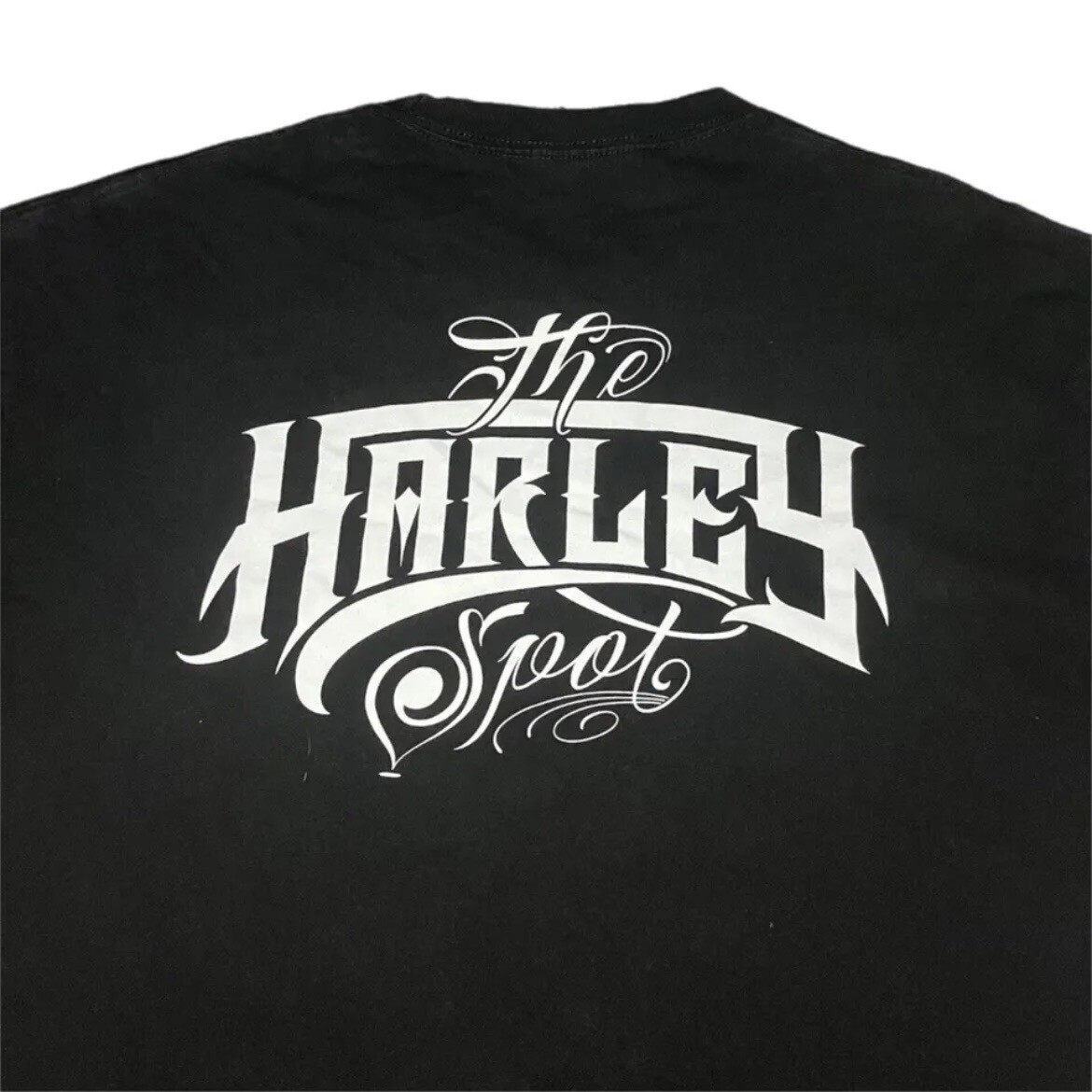 The Harley Spot Script Black Tee Shirt Mens 2XL Goth Biker Motorcycle Art