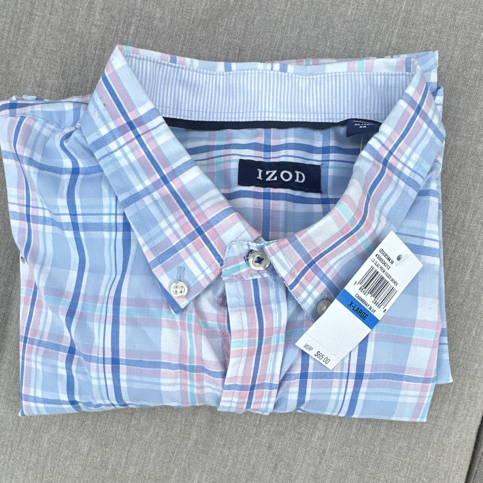 IZOD Men’s XL Blue Pink White Plaid Cotton Woven Long Sleeve Button-Down Shirt