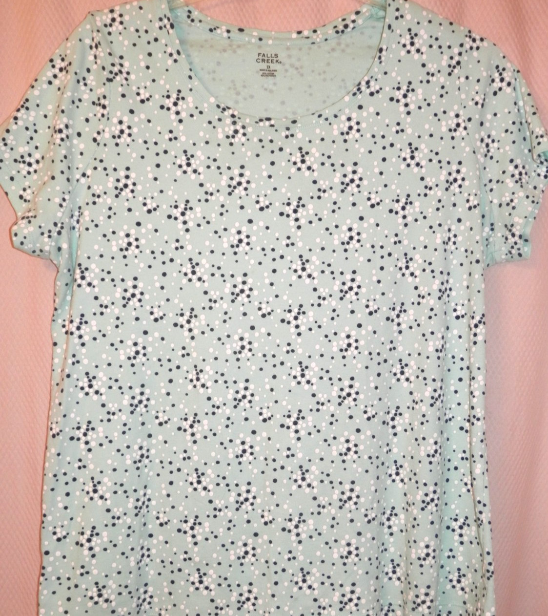 Falls Creek Short Sleeve Cotton/Poly Knit Top Sz 1X Soft Green/White/Black Dot