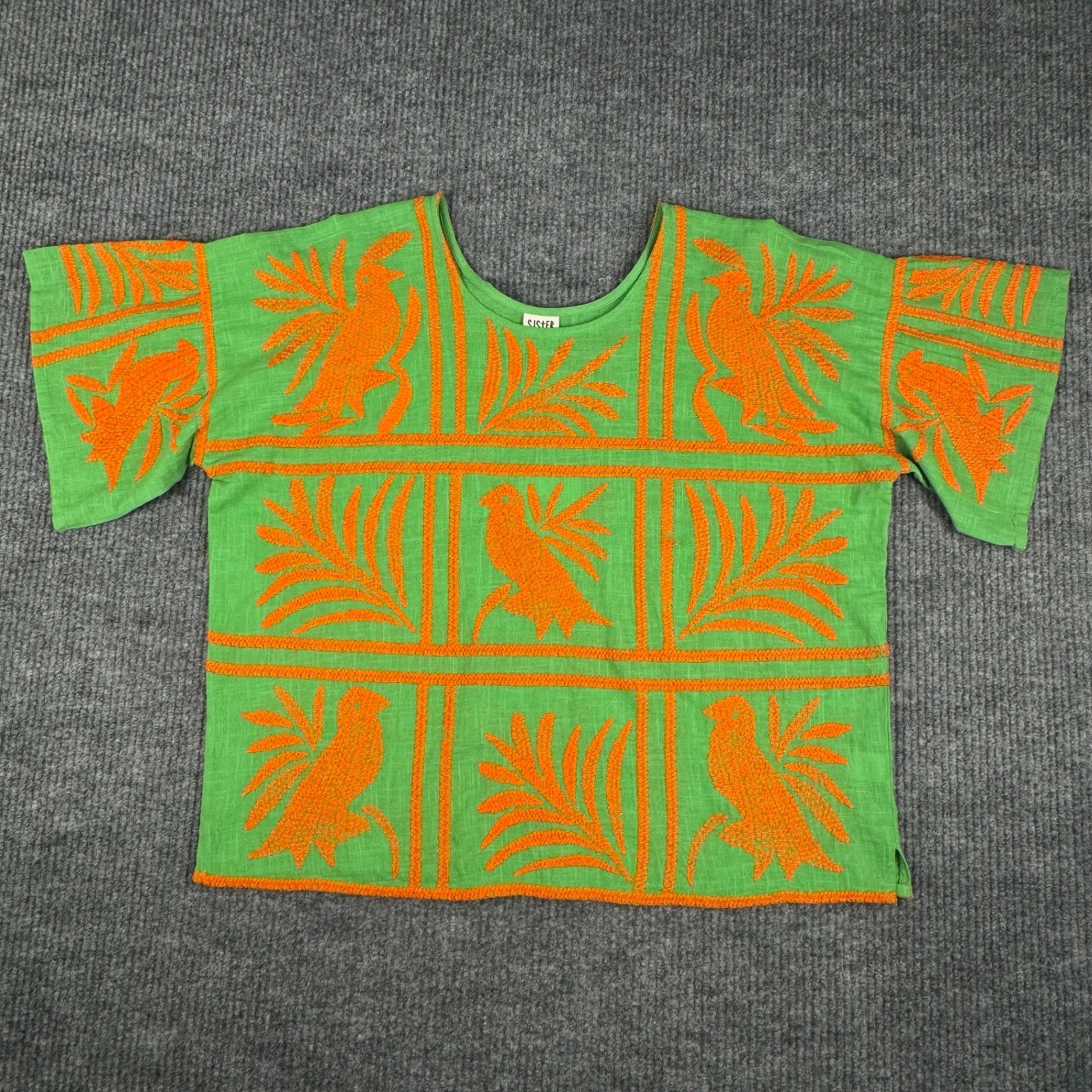 Sister Mary Eva Top Womens L Green Orange Embroidered Bird Cotton Boho Resort
