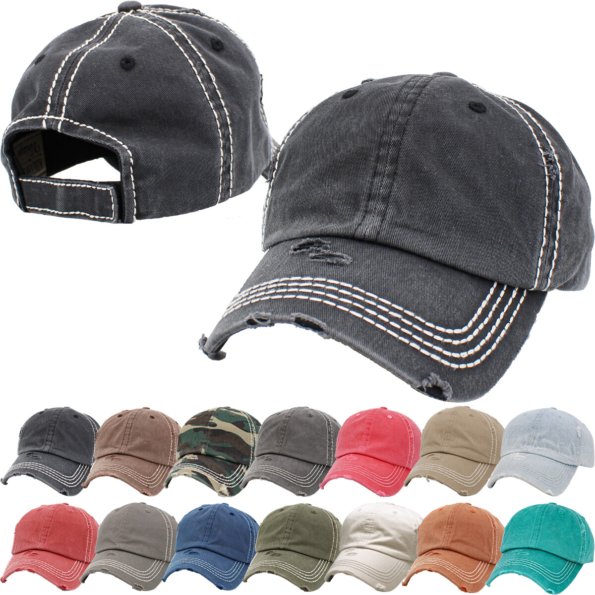 Vintage Washed Distressed Cotton Thick Stitching Dad Hat Baseball Cap Adjustable