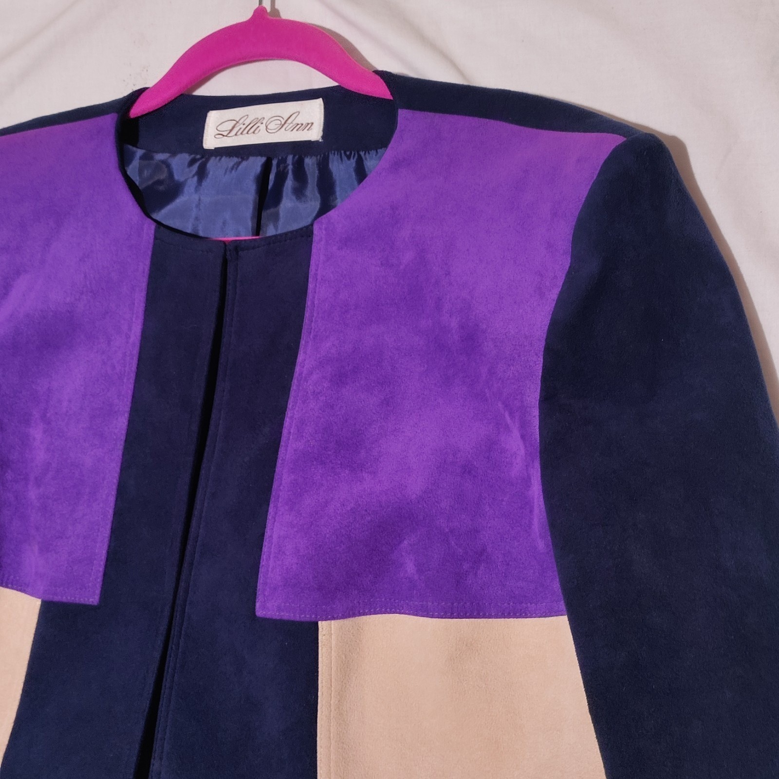 Lilli Ann Purple Red Cream Colorblock faux ultrasuede lined JACKET