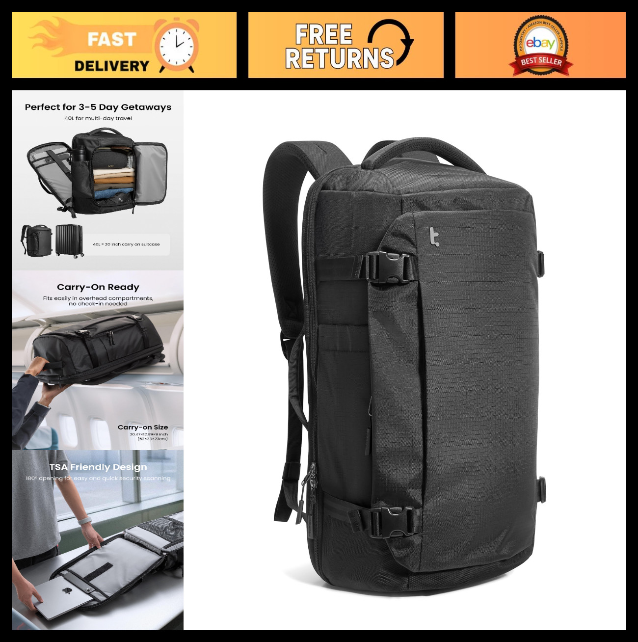 40L Travel Backpack, TSA Approved Carry-On, Water-Resistant Lightweight Rucksack