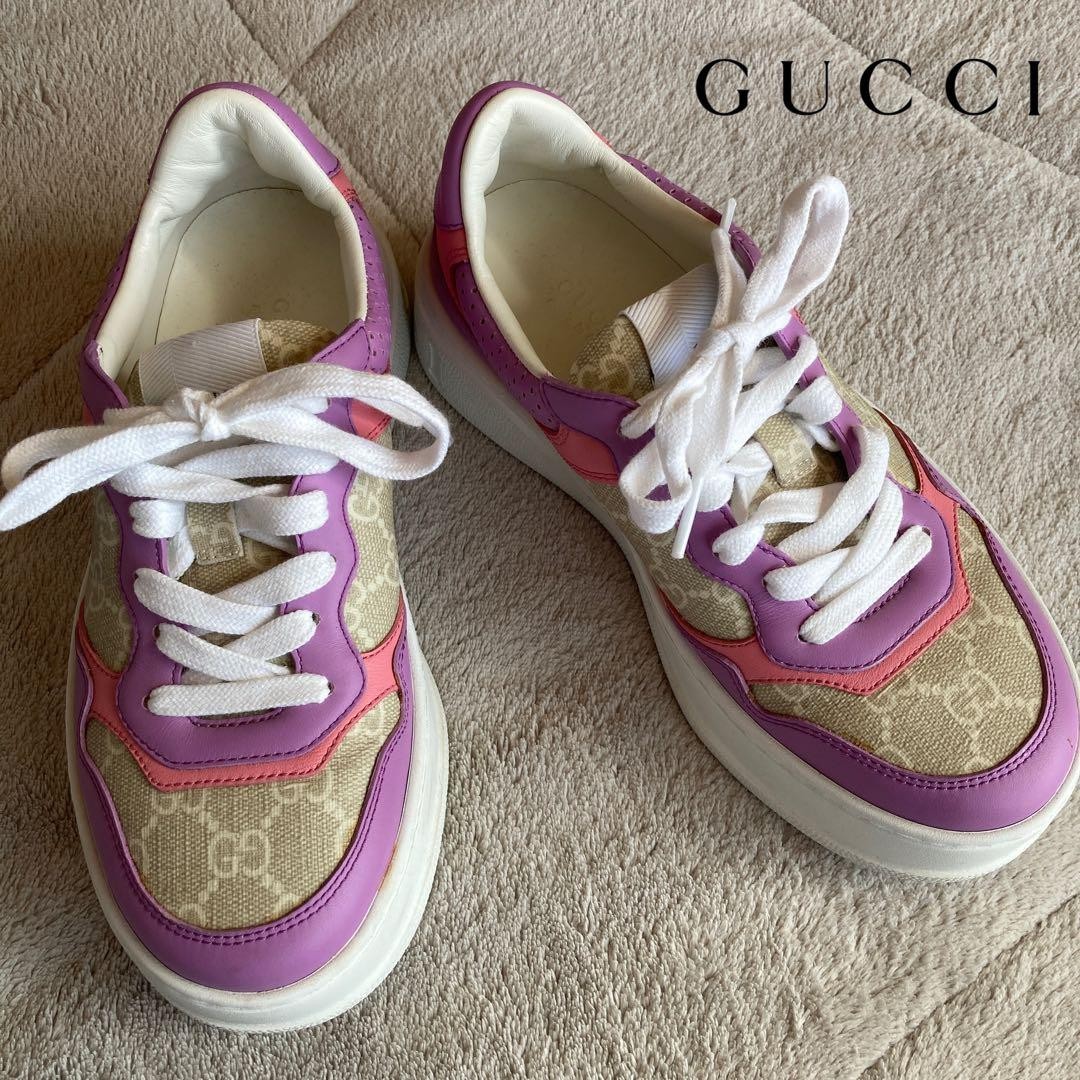 GUCCI Women’s Platform Sneakers Size 23.5 cm Purple Pink Beige Leather