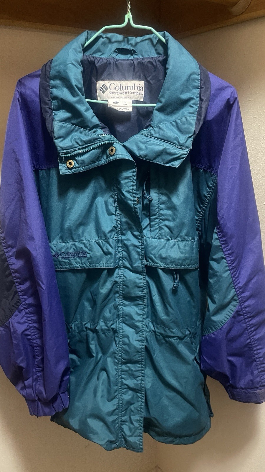 Columbia Teal/Purple Colorblock Lined Parka Jacket Full Zip Snap Unisex L