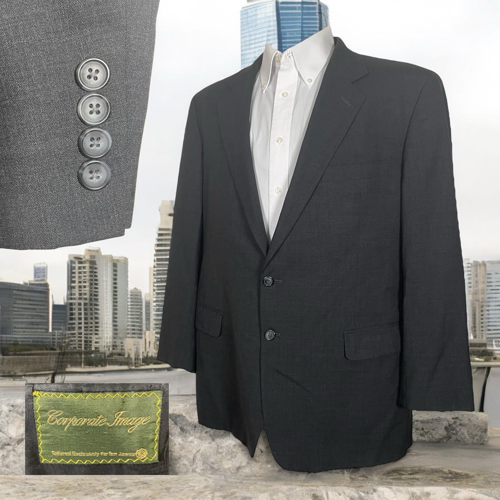 Corporate Image Sport Coat Mens 46R Dark Gray Solid Wool Two Buttons