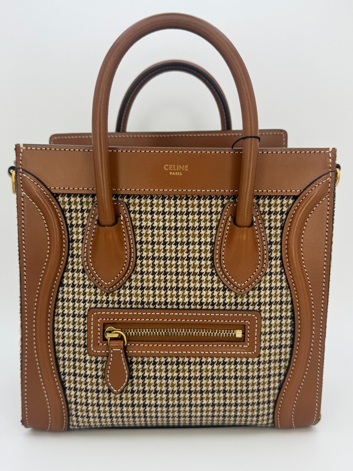 Celine Luggage Nano Tote Houndstooth Tweed & Tan Leather Top Handle Shoulder