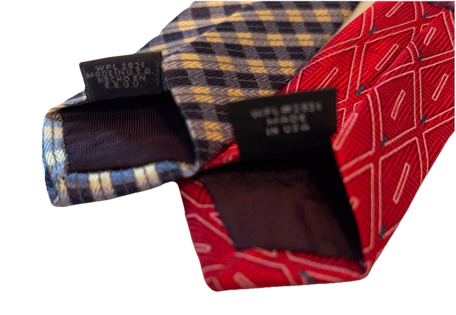 Arrow Mens Silk Ties Navy/yellow Striped Check & Red/white Geo Diamond Lot Of 2