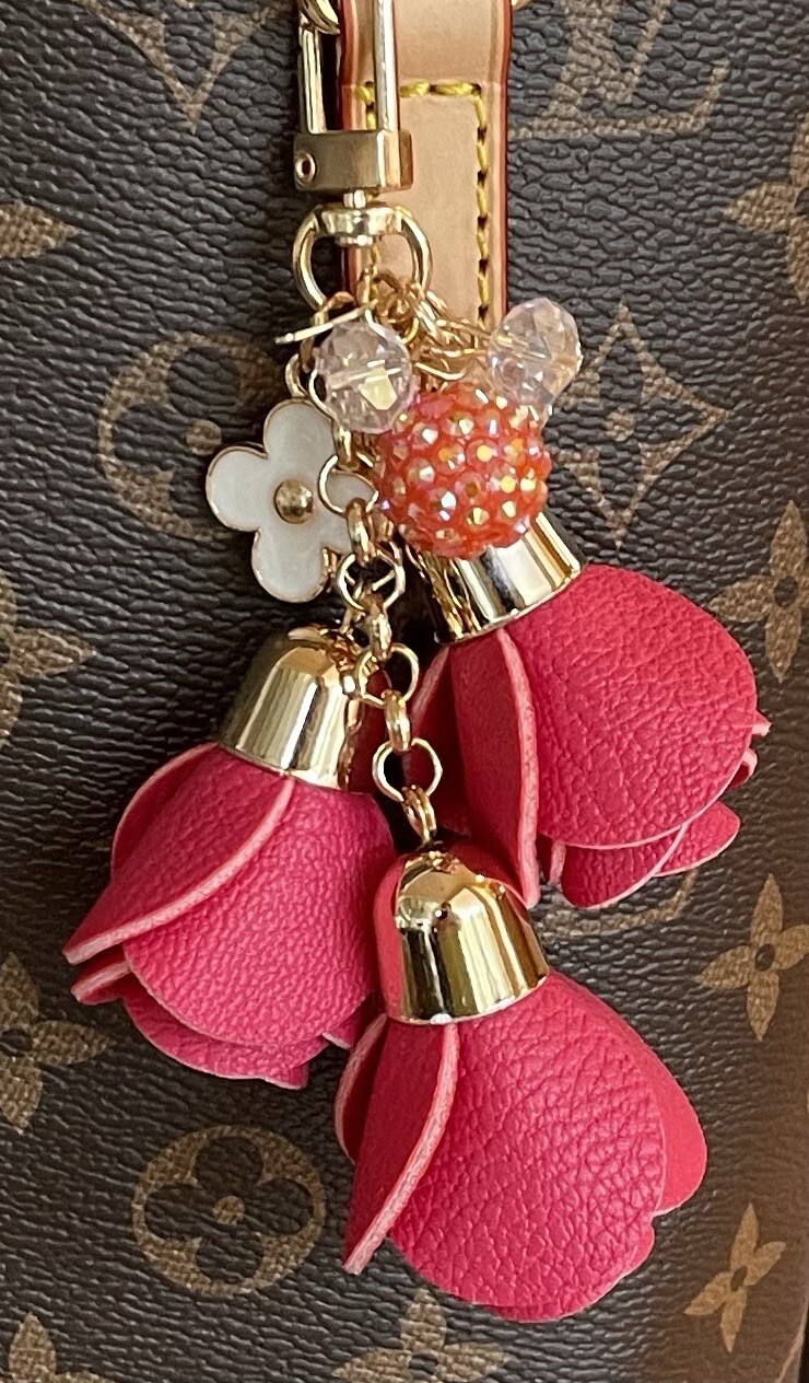 WATERMELON RED REDDISH PINK LEATHER ROSE TASSEL DISCO BALL RHINESTONE BAG CHARM