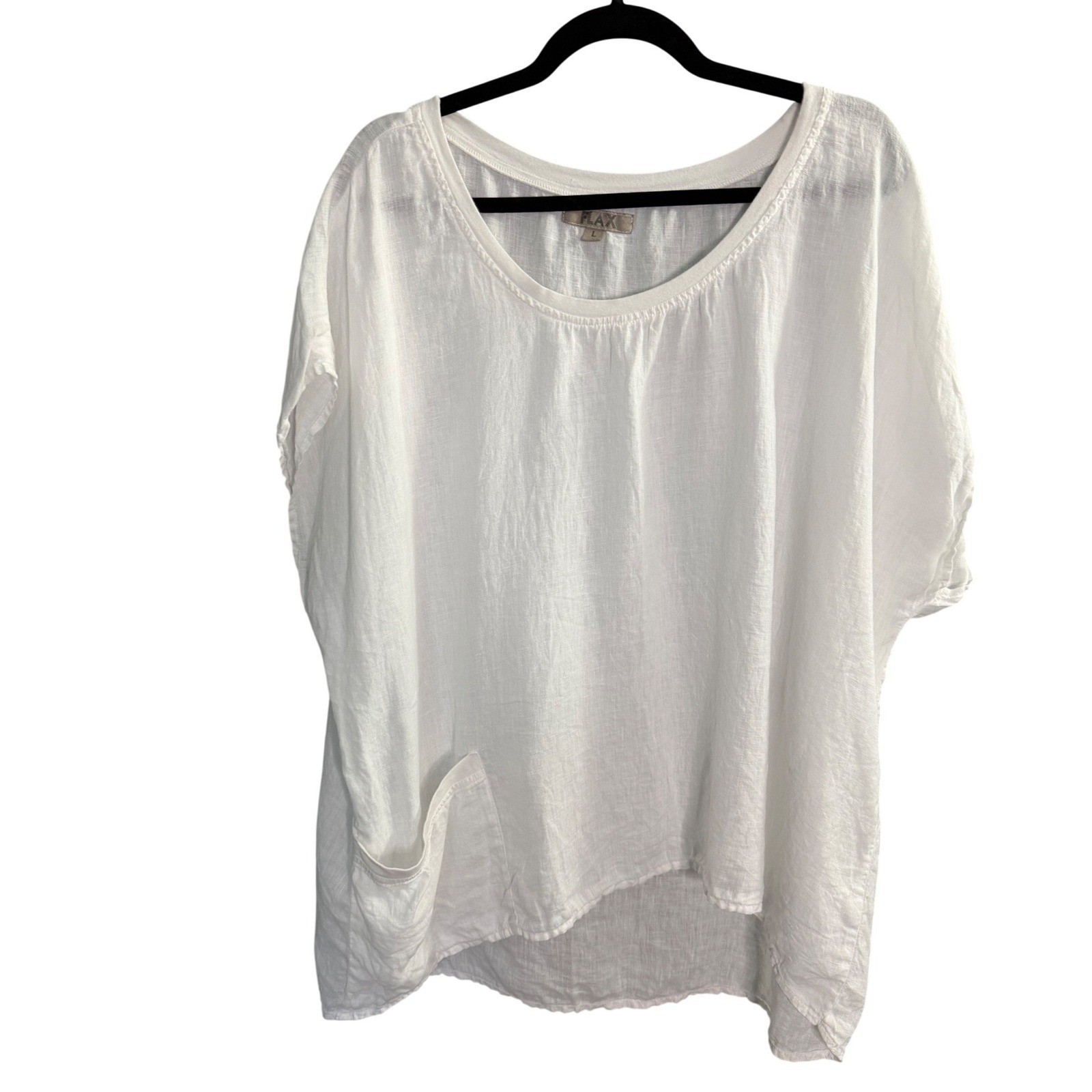 Flax White Boxy Linen Blouse L Pocket Lagenlook White Oversized Summer Beach