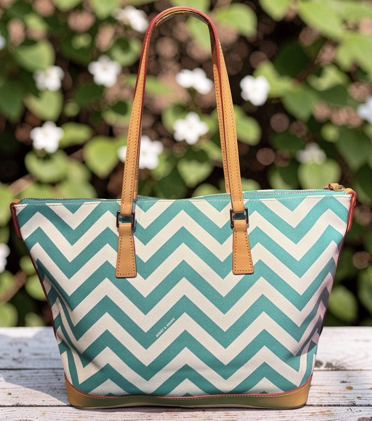 Dooney Bourke Turquoise Spearmint Green Chevron Large Shopper Tote Shoulder Bag