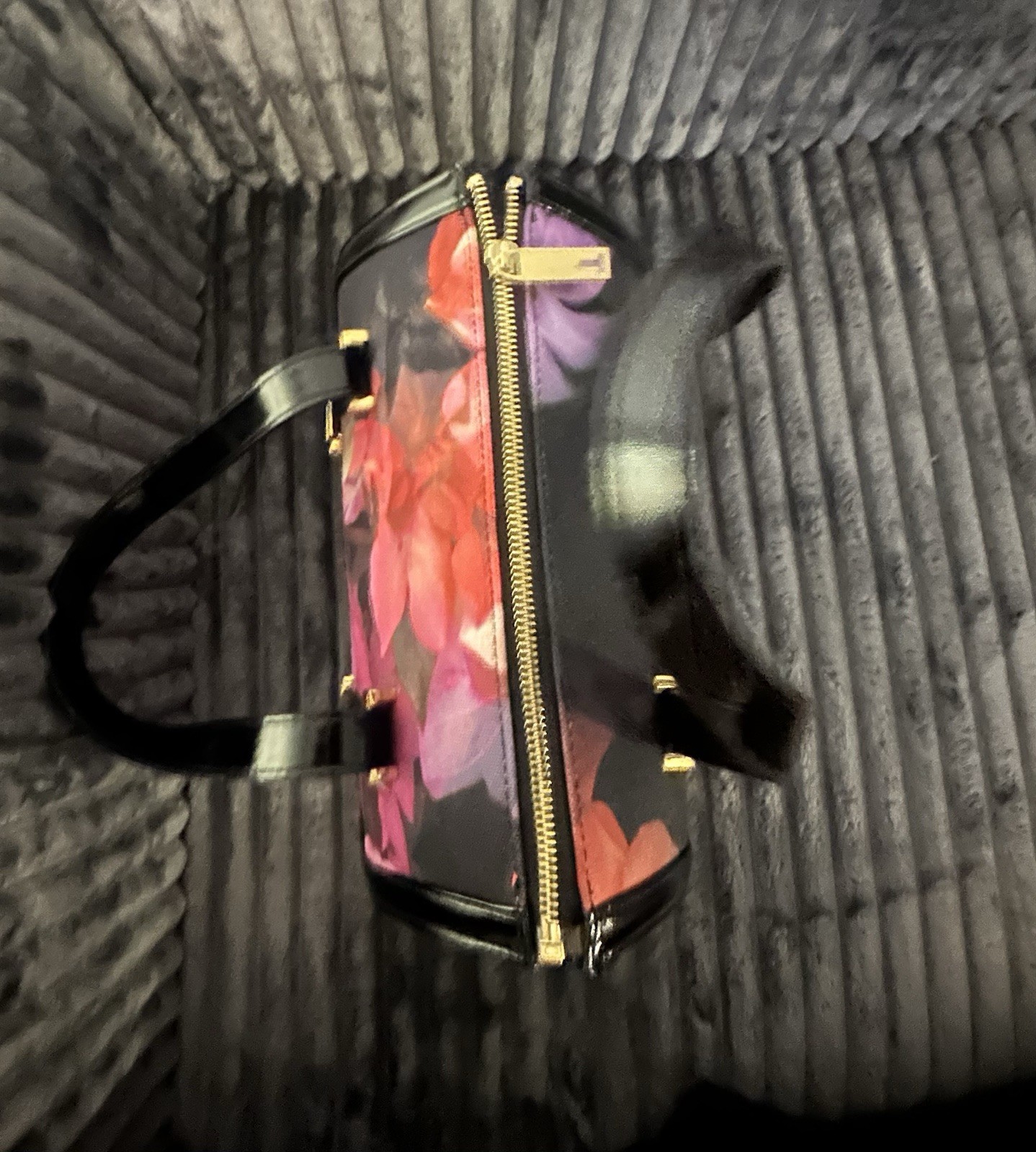 Ted Baker Floral Print Tote Satchel Handbag Black Patent Trim Gold Hardware