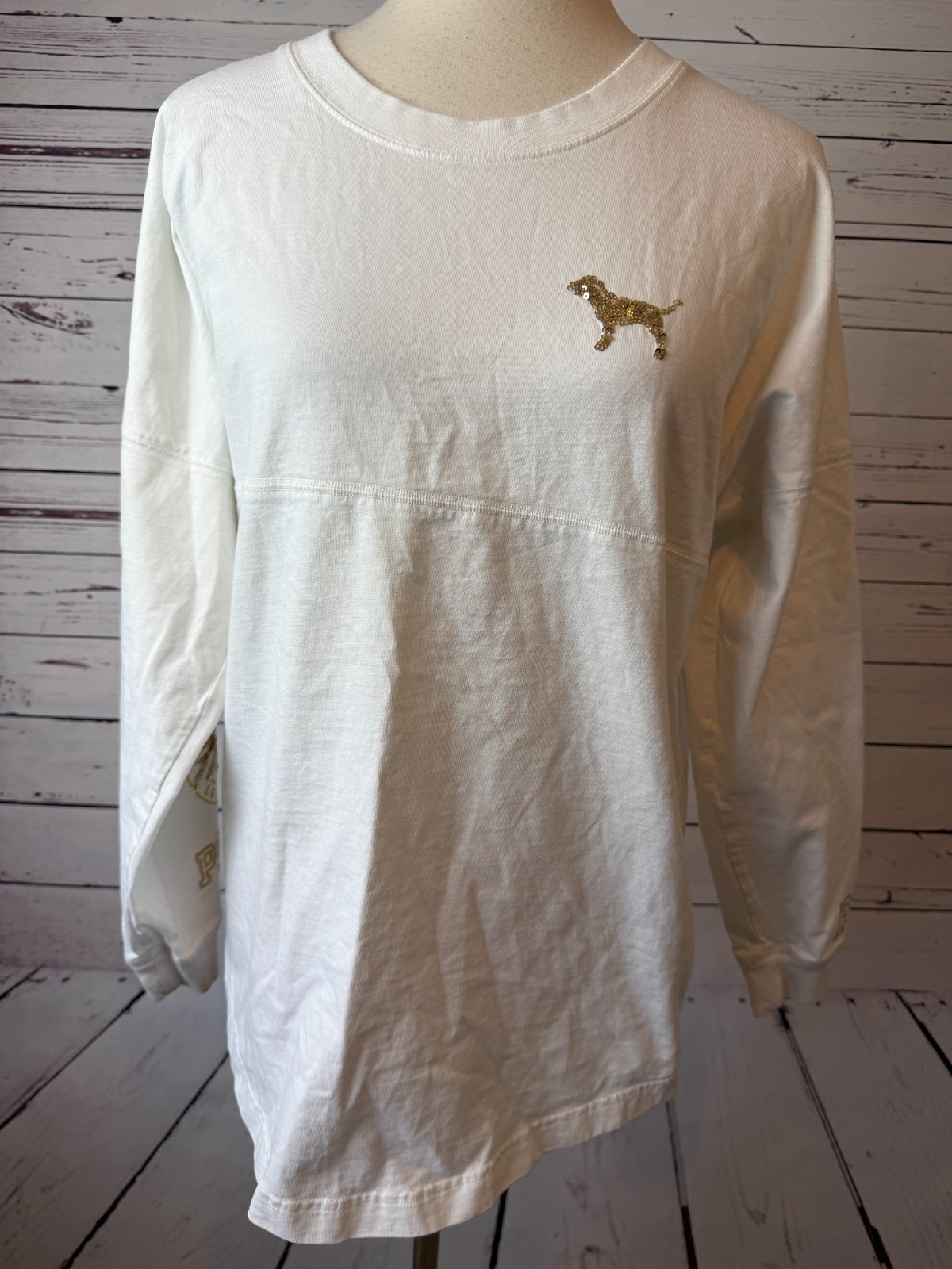 PINK Victorias Secret Long sleeve shirt Small Gold Sequins Bling Sweatshirt Top