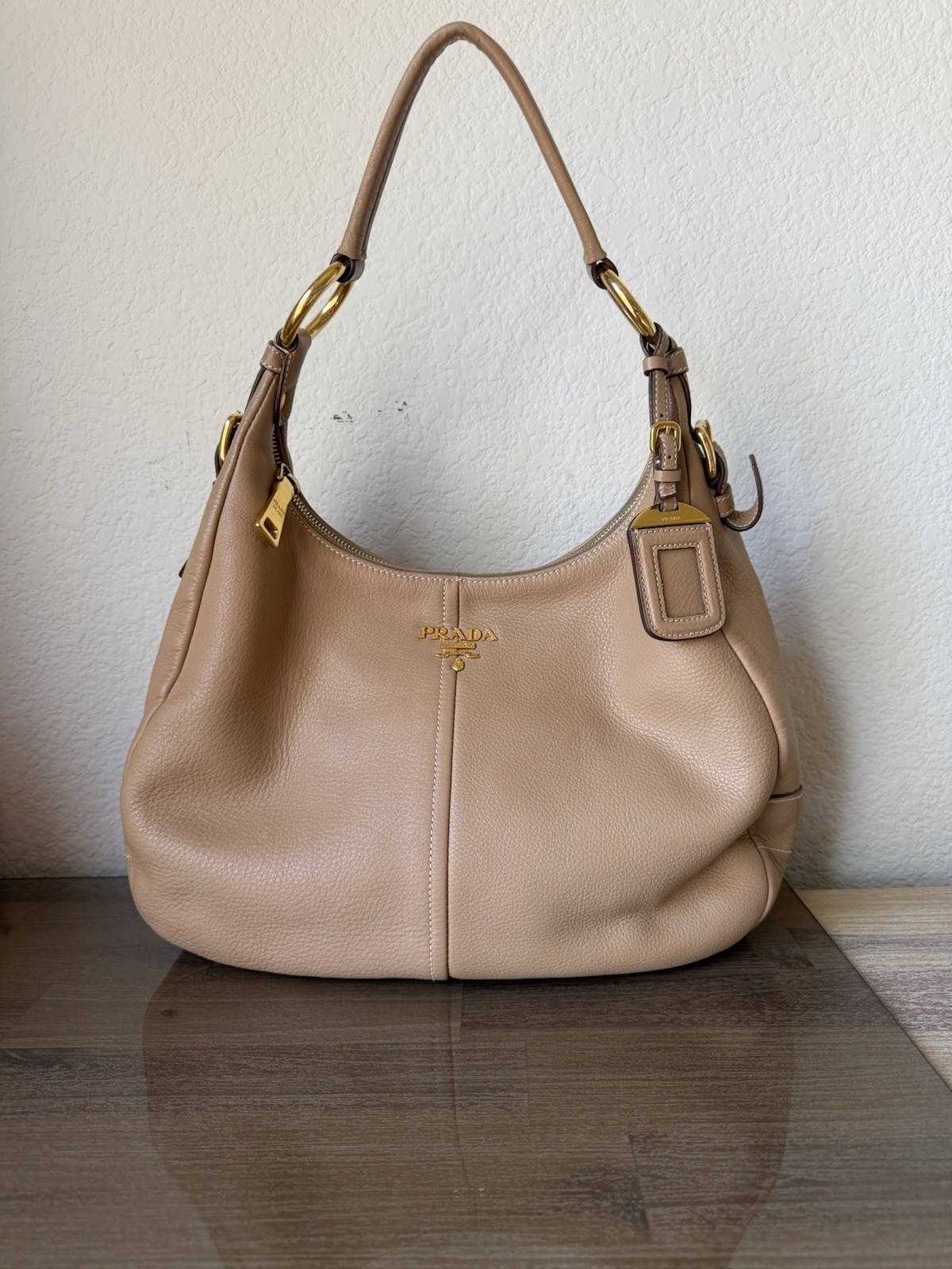PRADA Vitello Daino Hobo Shoulder Bag Beige w/ Gold Hardware, Authenticity guar.