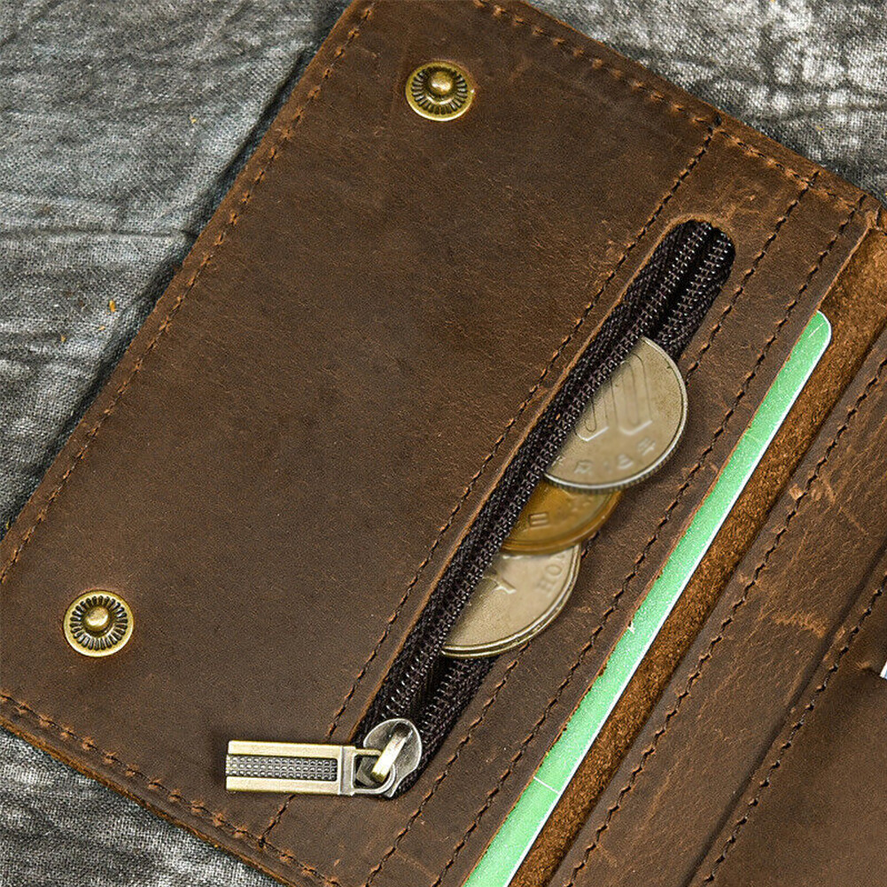 Men’s Tri-fold Vintage Leather Biker Chain wallet With snap Closur Zipper Purse#