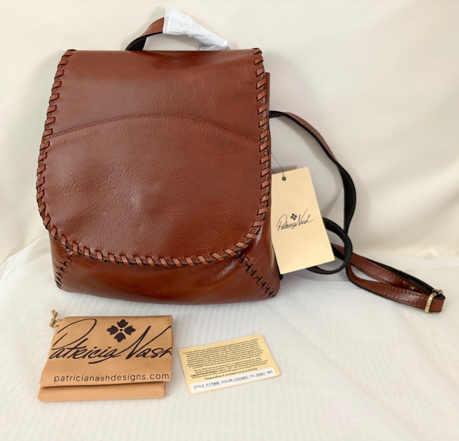 Patricia Nash Leather Backpack KIMINA Cognac Whip Stitching Flap Top Handle NWT