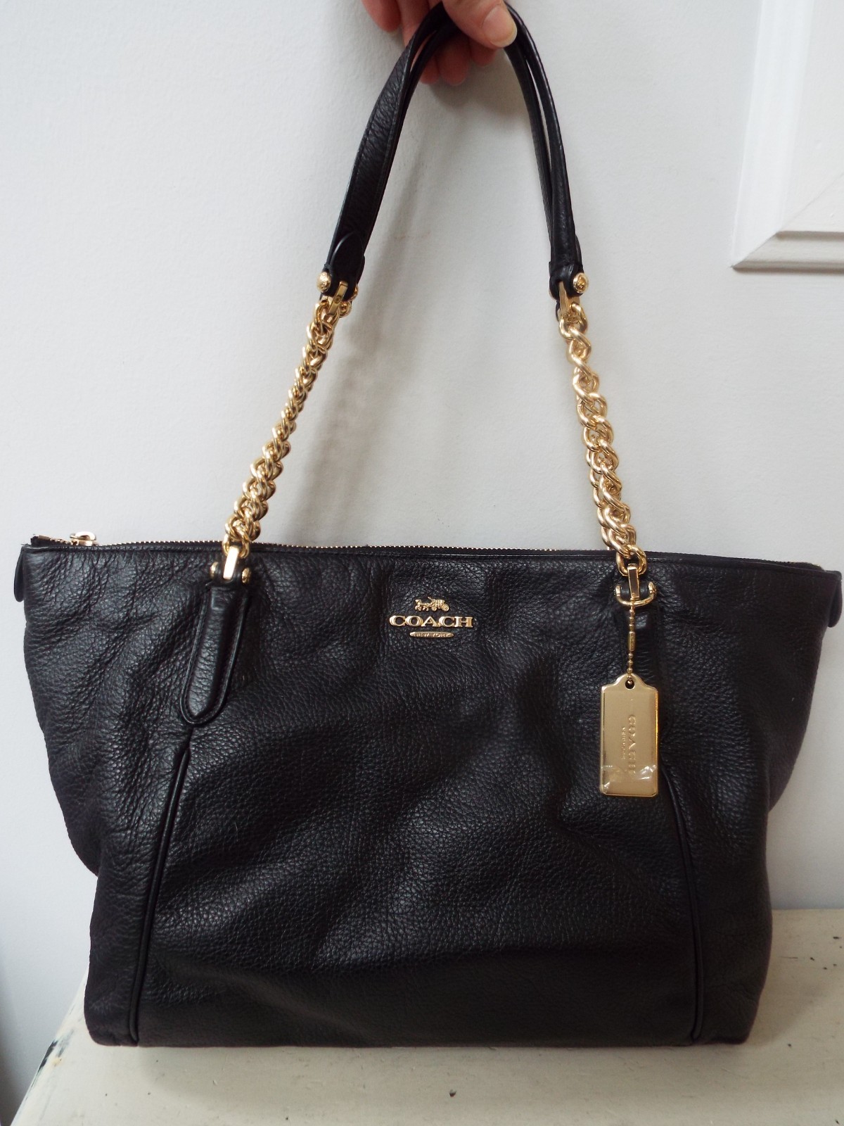 Coach Black Pebbled Leather Ava Gold Chain Tote Bag Purse