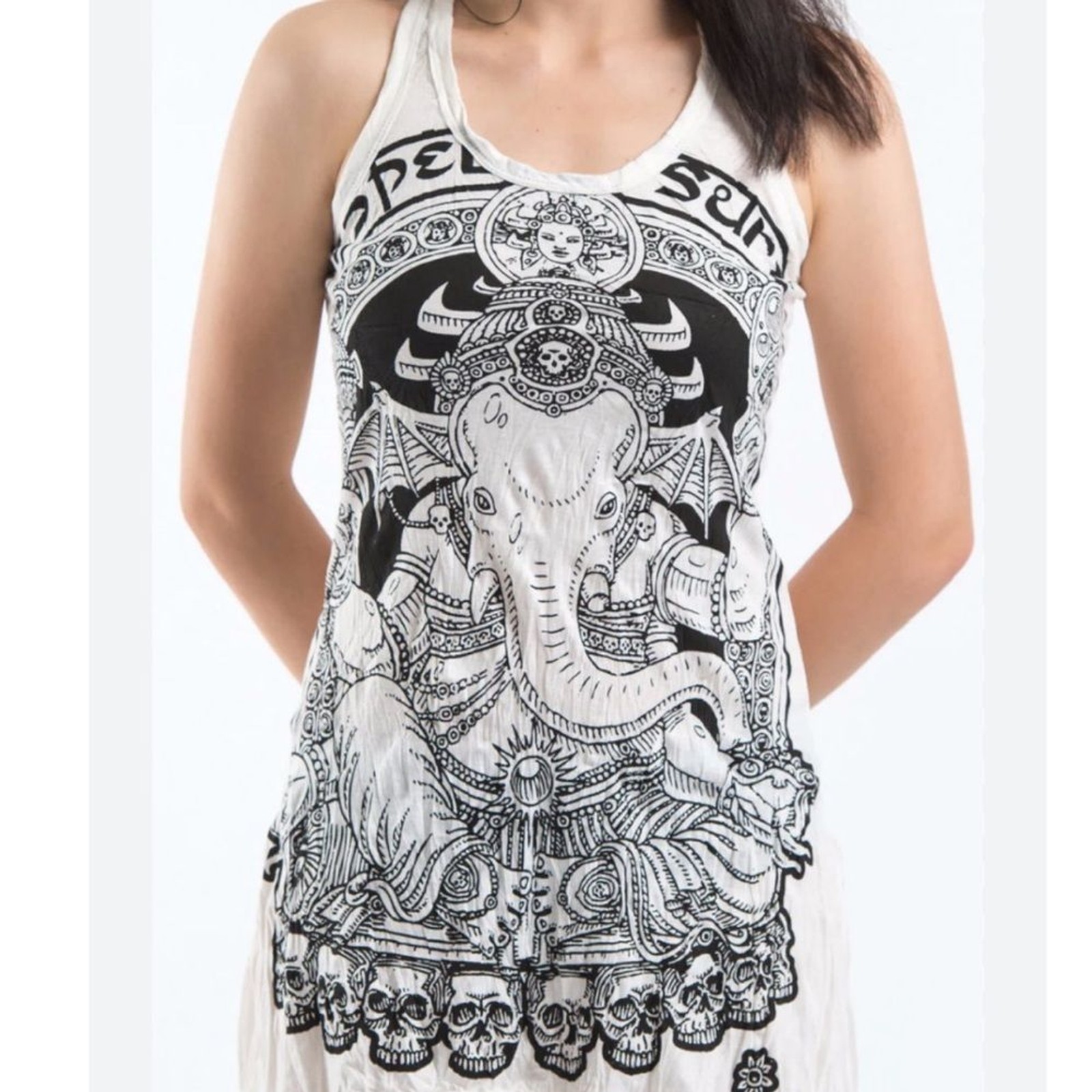 SURE Graphic Tank Top Tee Elephant Skulls Ganesh Black/White Cotton Size Medium