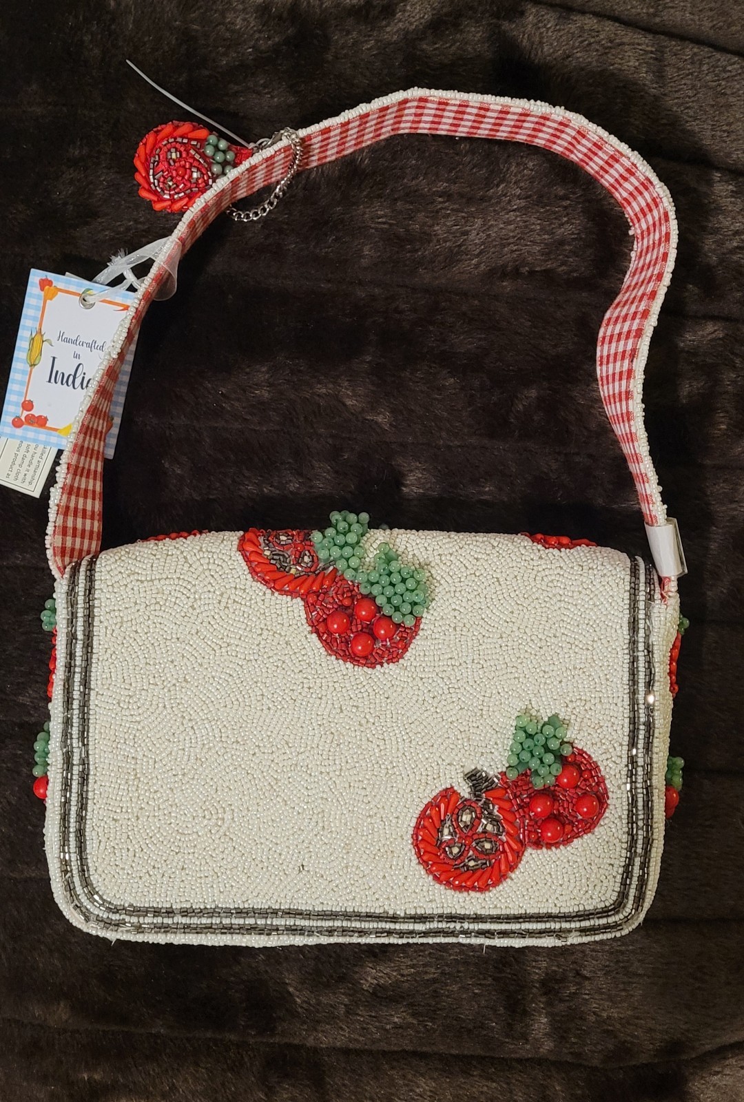Handmade In India Beaded Tomato Gingham Top Handle Women’s Handbag w/ Charm