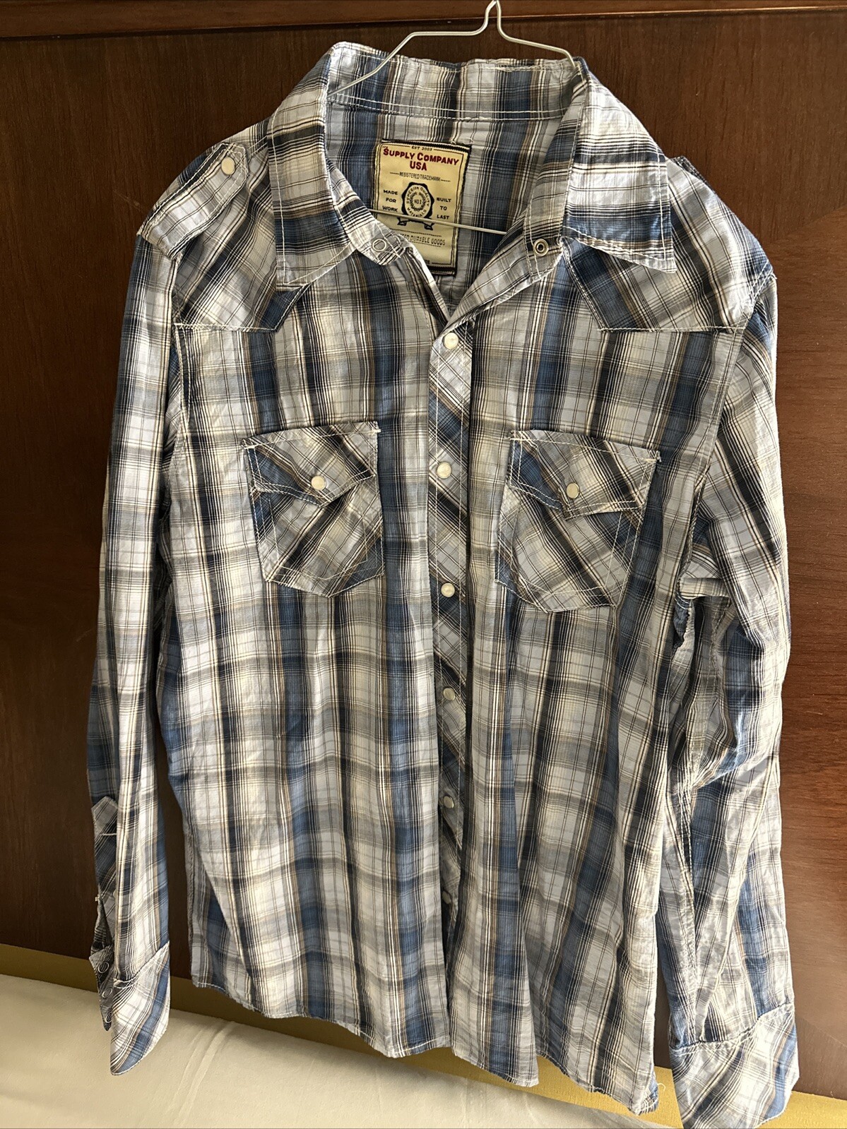 Supply Company USA Pearl Snap Western Shirt Mens Large Long Sleeve Blue Striped