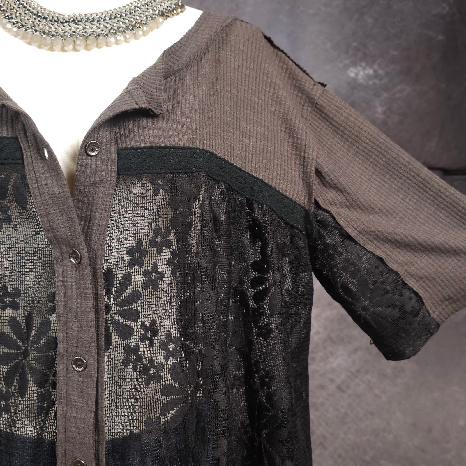 POL Boho Grunge Whimsigoth Waffle Knit Floral Sheer Lace Button Up Womens S