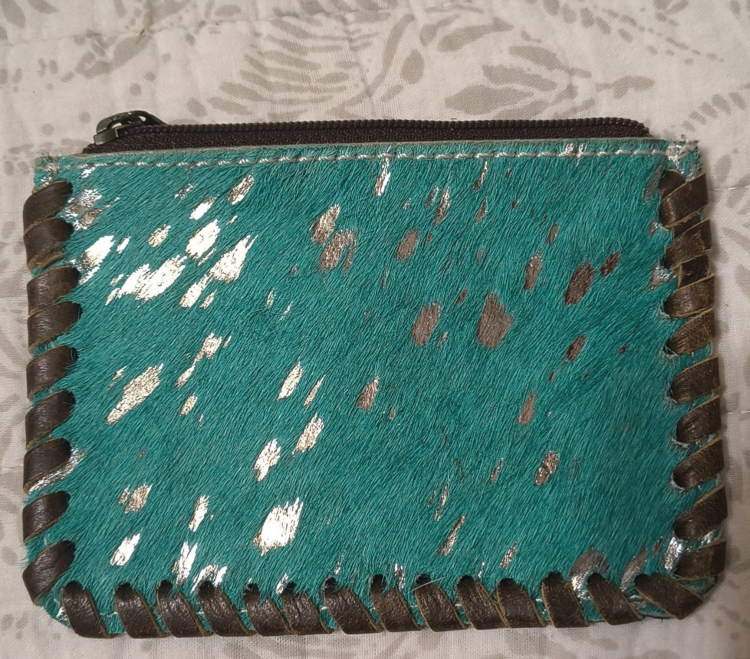 Teal Animal Print Women’s Coin Wallet Pouch with Zipper Accents Silver Brown