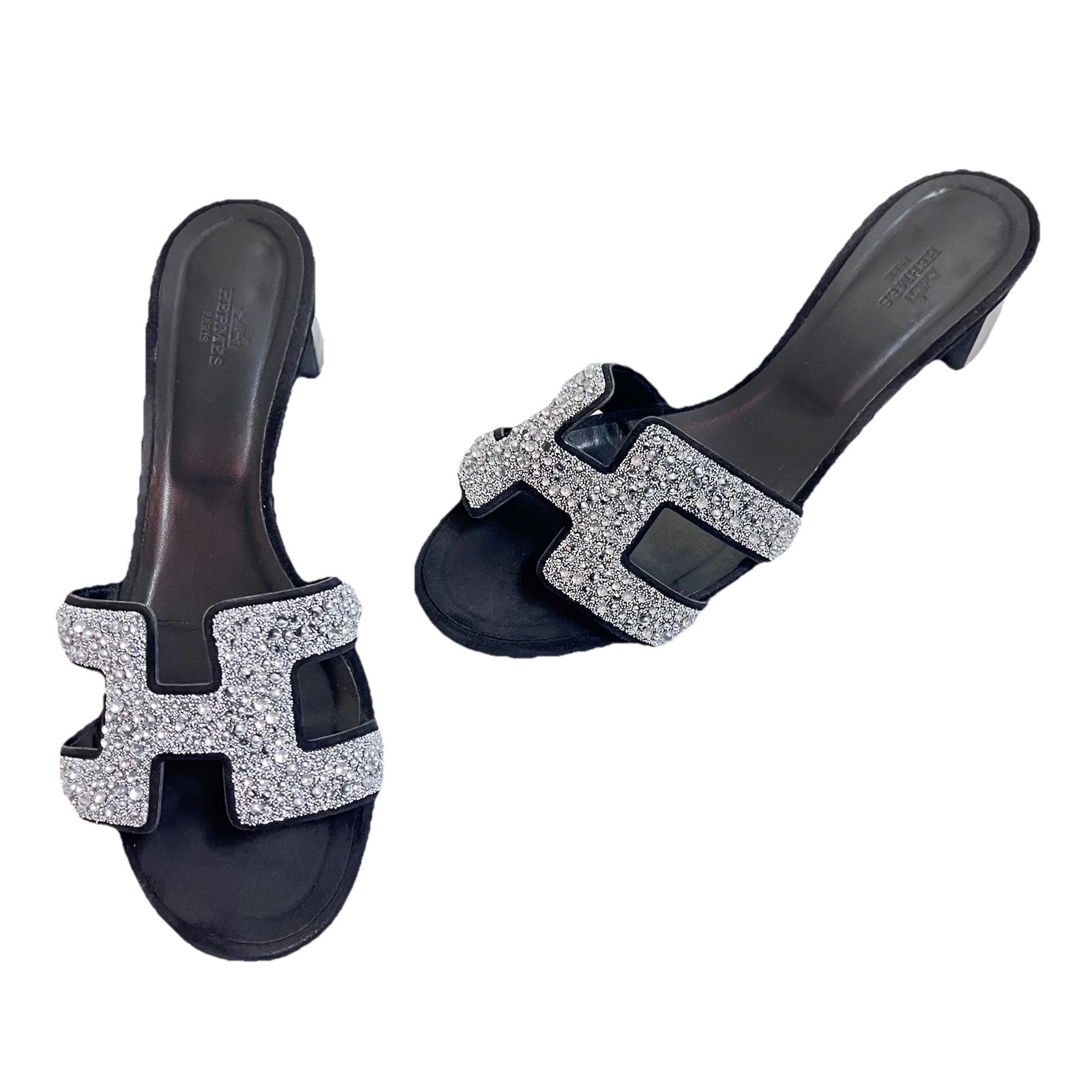 Hermès Oran Crystal Heeled Mule Sandals Black Leather 40 Silver Glitter Heels