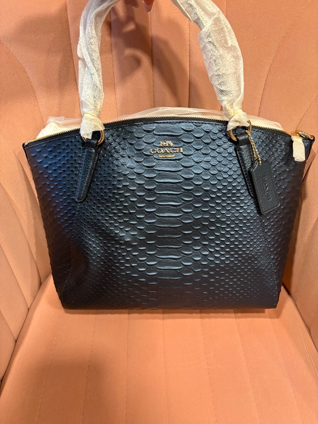 Coach blue metallic python Embossed Leather Zip Top Tote Bag